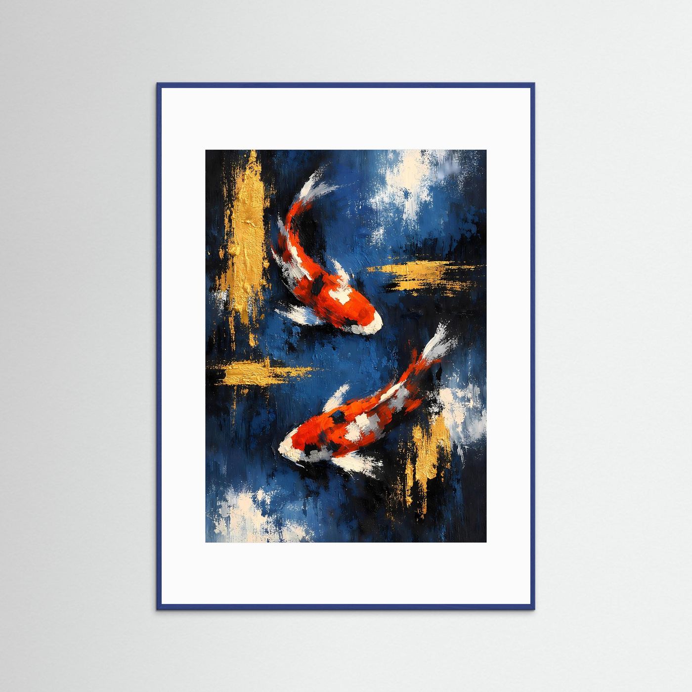 Abstraktes Koi-Karpfen-Poster im blauen Rahmen: orangefarbene Fische auf tiefblau