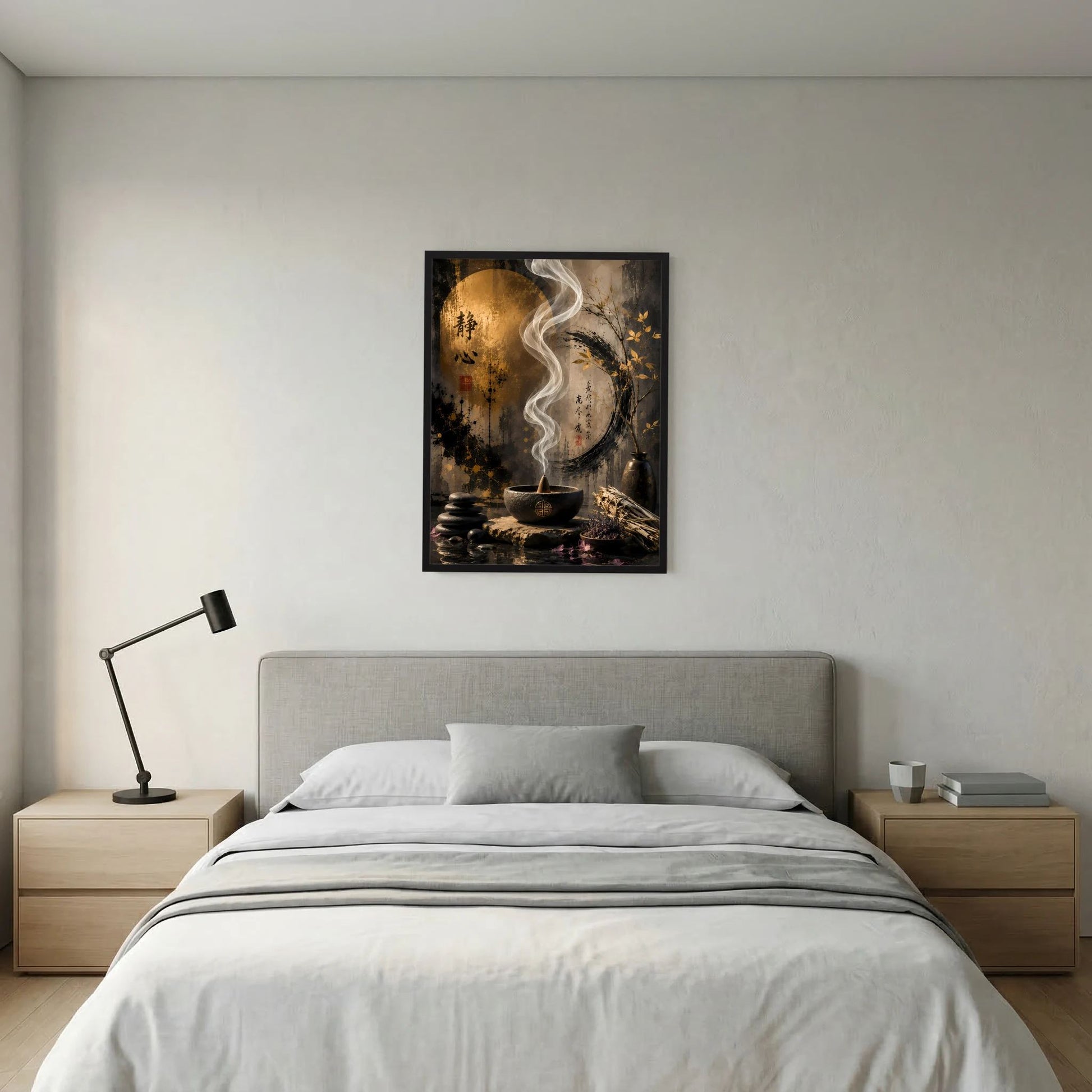 Gerahmtes Wandposter mit goldener Kreisform, weißem Rauchfaden und Schale im Zentrum.