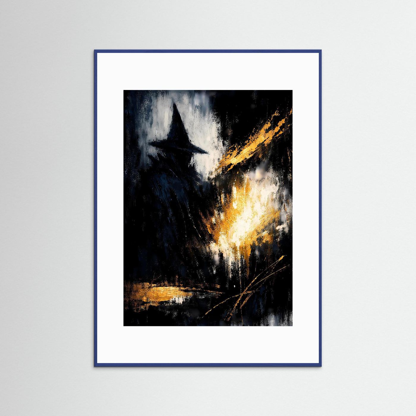 Zauberer-Poster im Hochformat mit weißem Passepartout und blauem Rahmen; weißes Motiv, goldene Linien