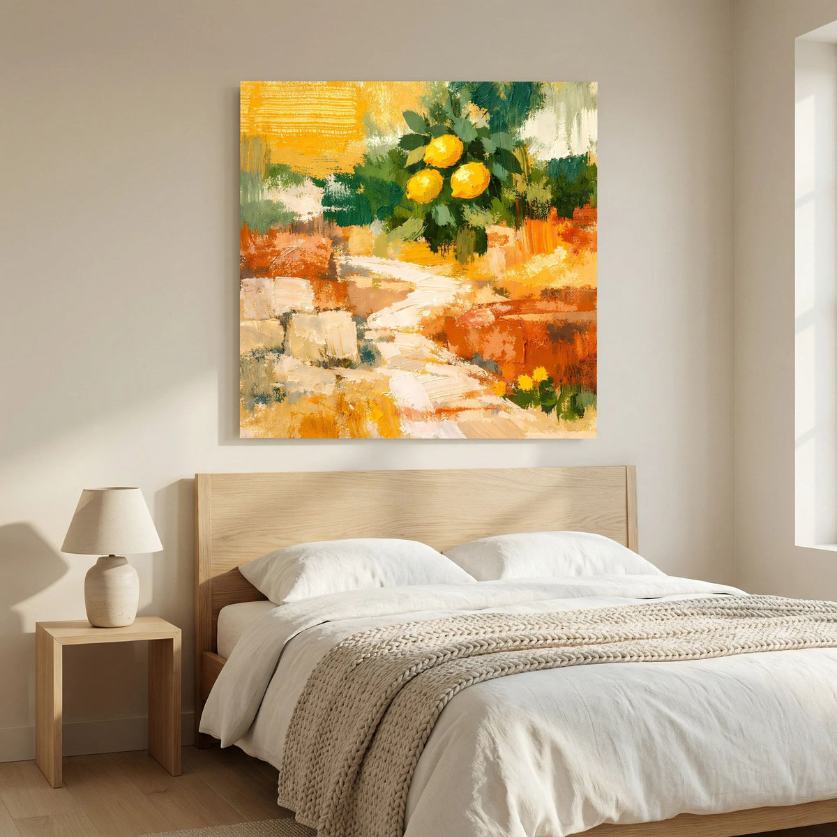 Wandbild mit gelben Zitronen an grünen Zweigen, orange und beiger Farbverlauf