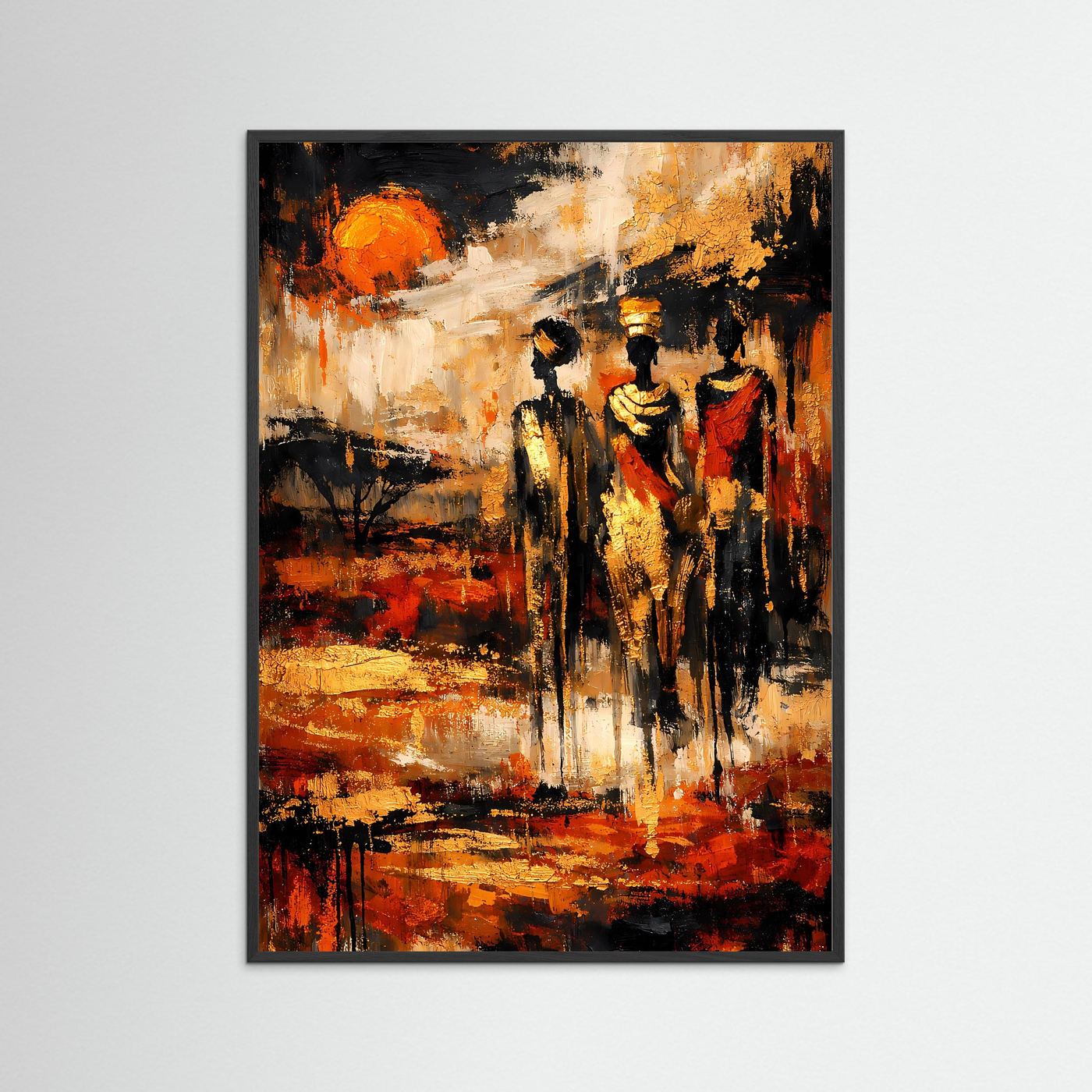 Ethno-Kunstposter mit drei Figuren, orange-goldene Sonne, erdige Farbflecken, dunkel gerahmt