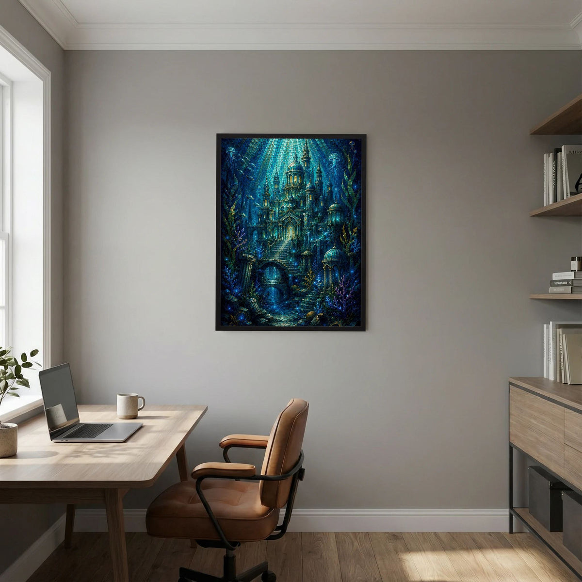 Poster im Hochformat mit schwarzem Rahmen über dem Arbeitstisch: Unterwasserstadt in Blau