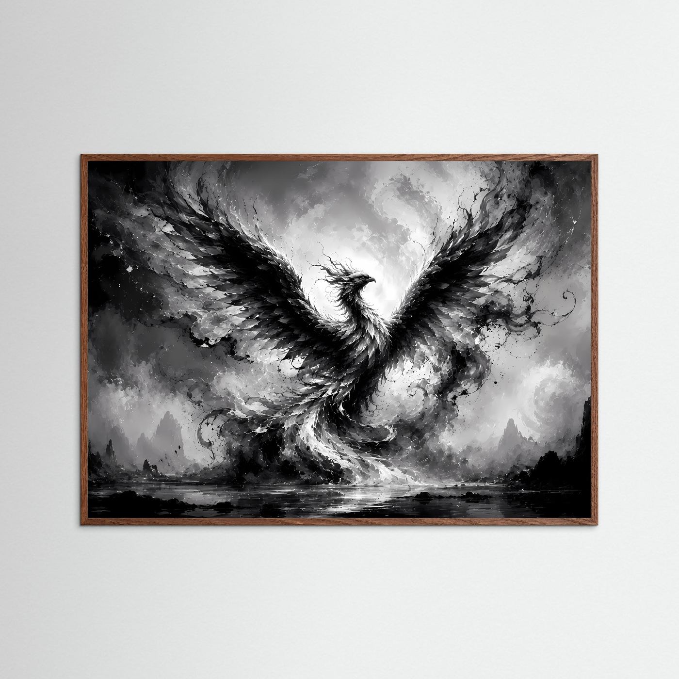 Phönix aus Licht und Schatten | Mystische Schwarz-Weiß Wandkunst – Abstrakter Feuervogel