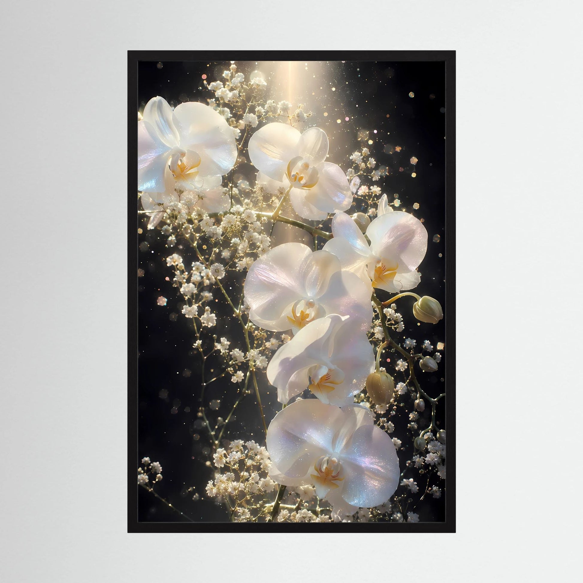 Orchideen-Blumenposter mit weißen Blüten und goldenen Lichtpunkten im schwarzen Rahmen