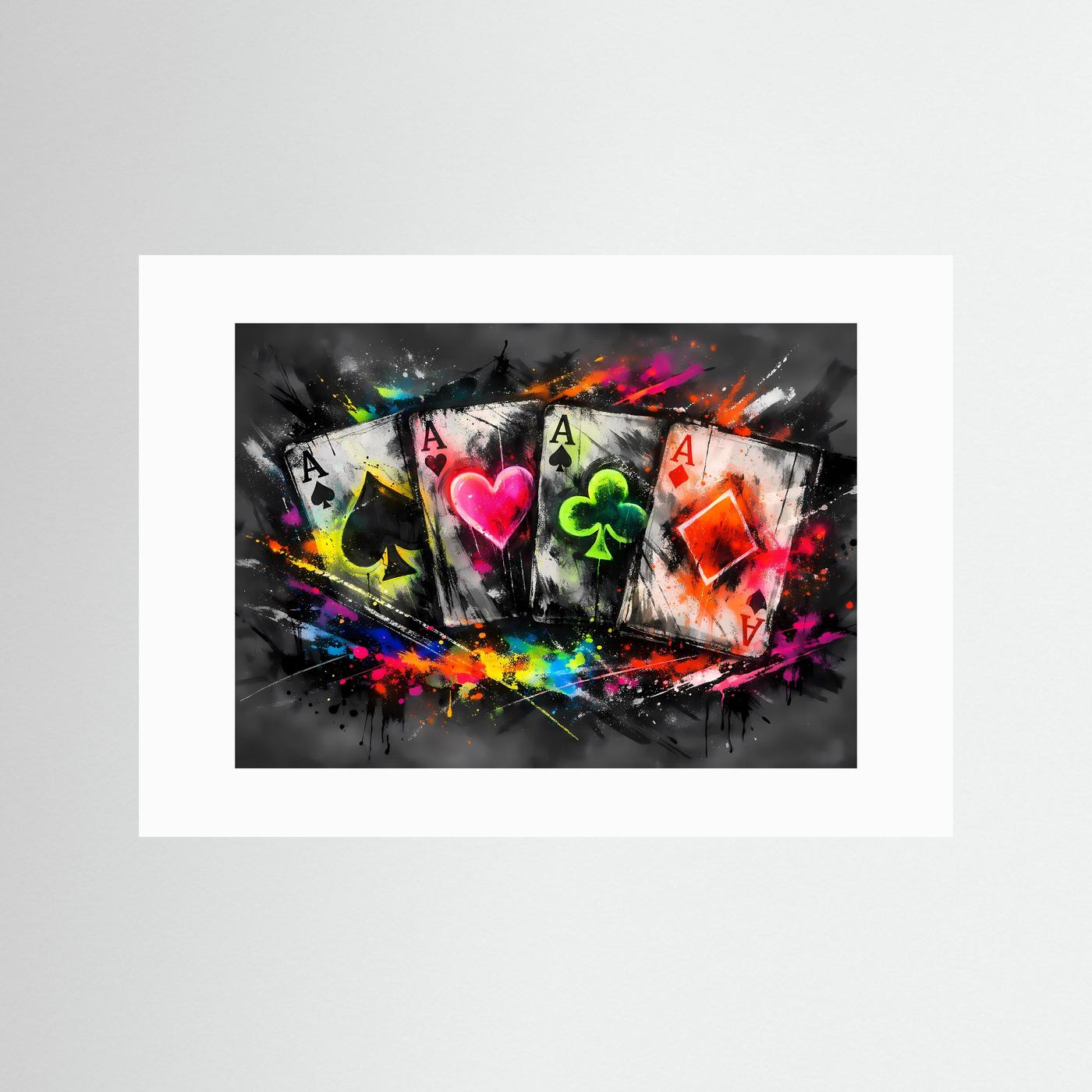 Poker-Graffiti-Poster mit vier Karten, Neonfarben, weißer Rand