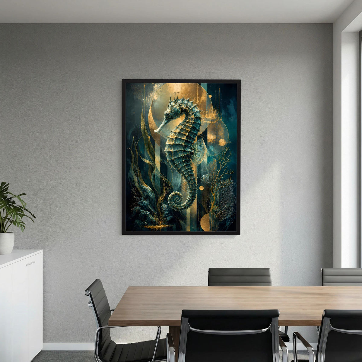 Gerahmter Kunstdruck mit Seepferdchen in Petrol und Gold, abstrakte Unterwasserformen