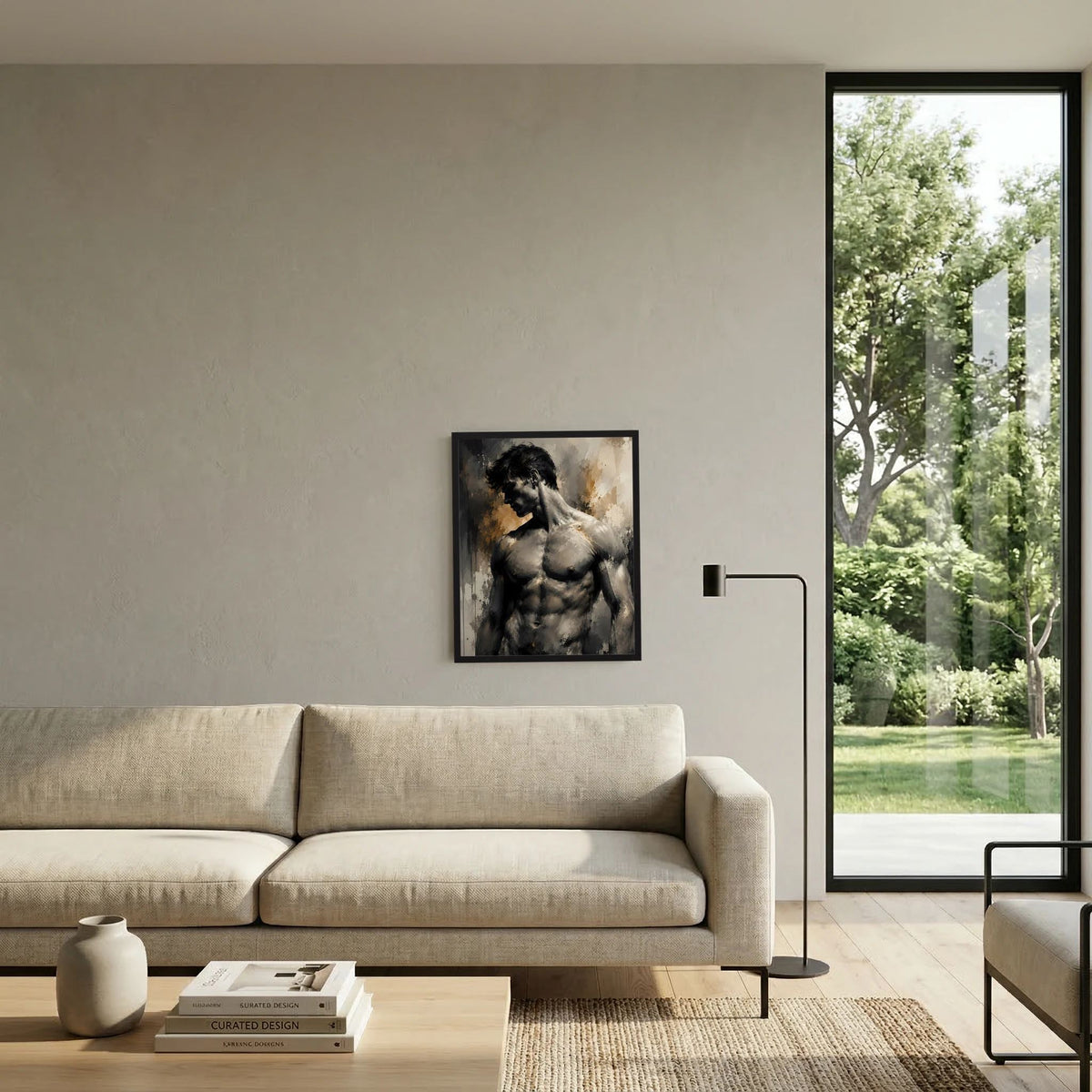 Kunstposter mit abstrakter Aktfigur eines Mannes in Schwarz und Gold, gerahmt