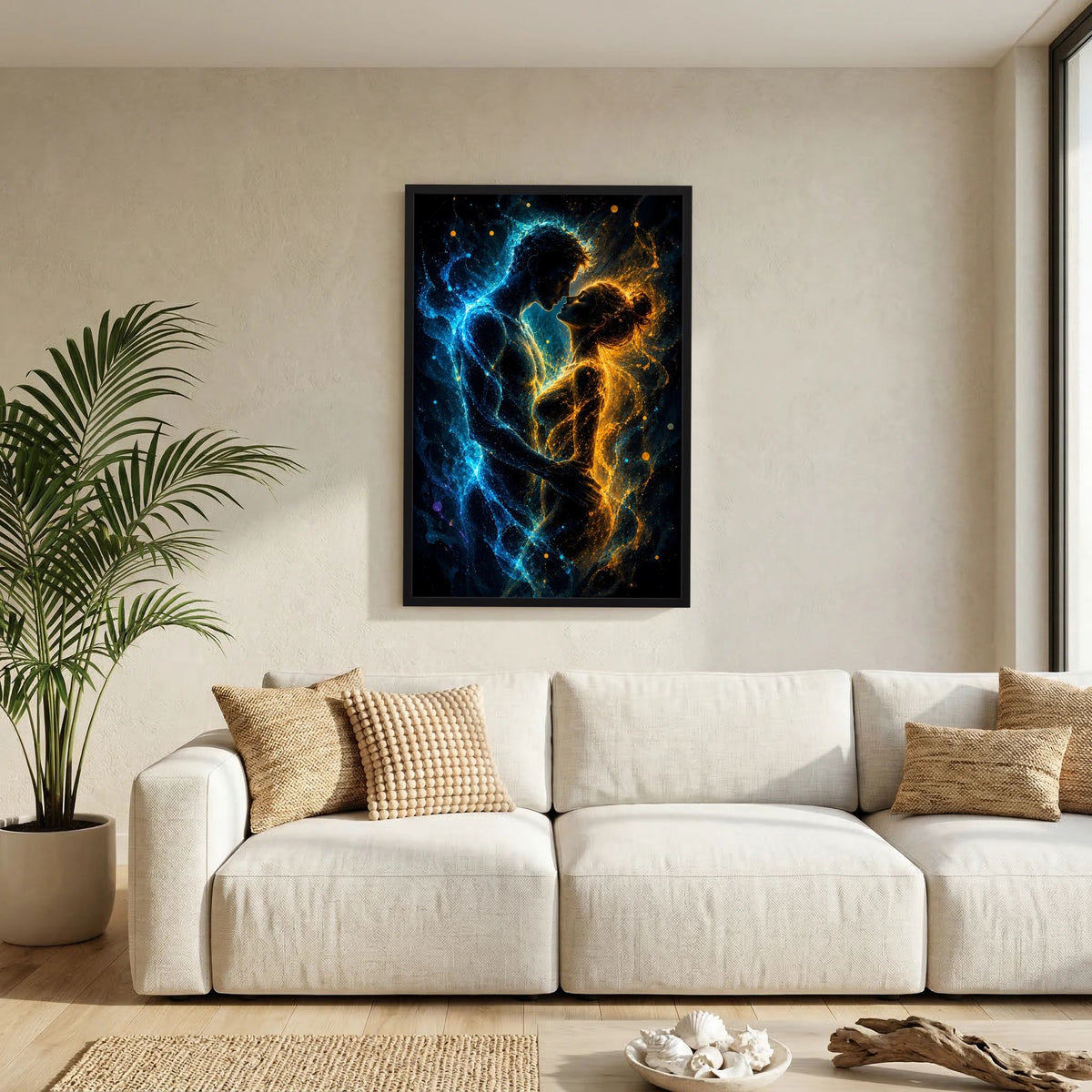 Hochformat-Poster mit abstraktem Paar in Blau und Gold im schwarzen Rahmen