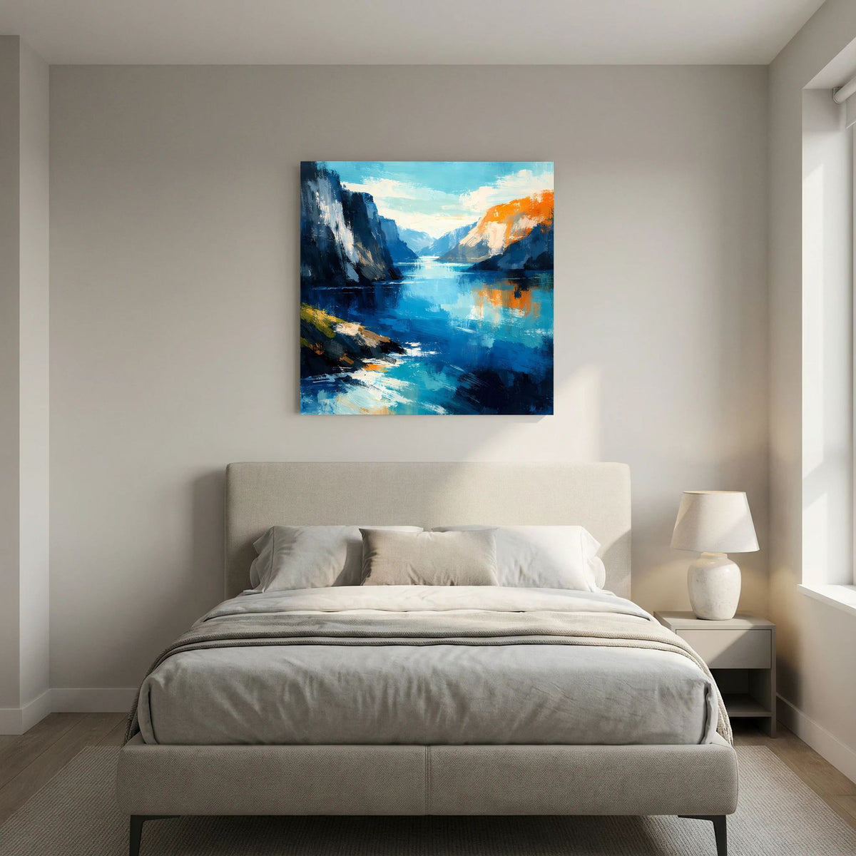 Leinwand Abstraktes Fjord Gemälde | Modernes Norwegisches Wandbild Blau Orange