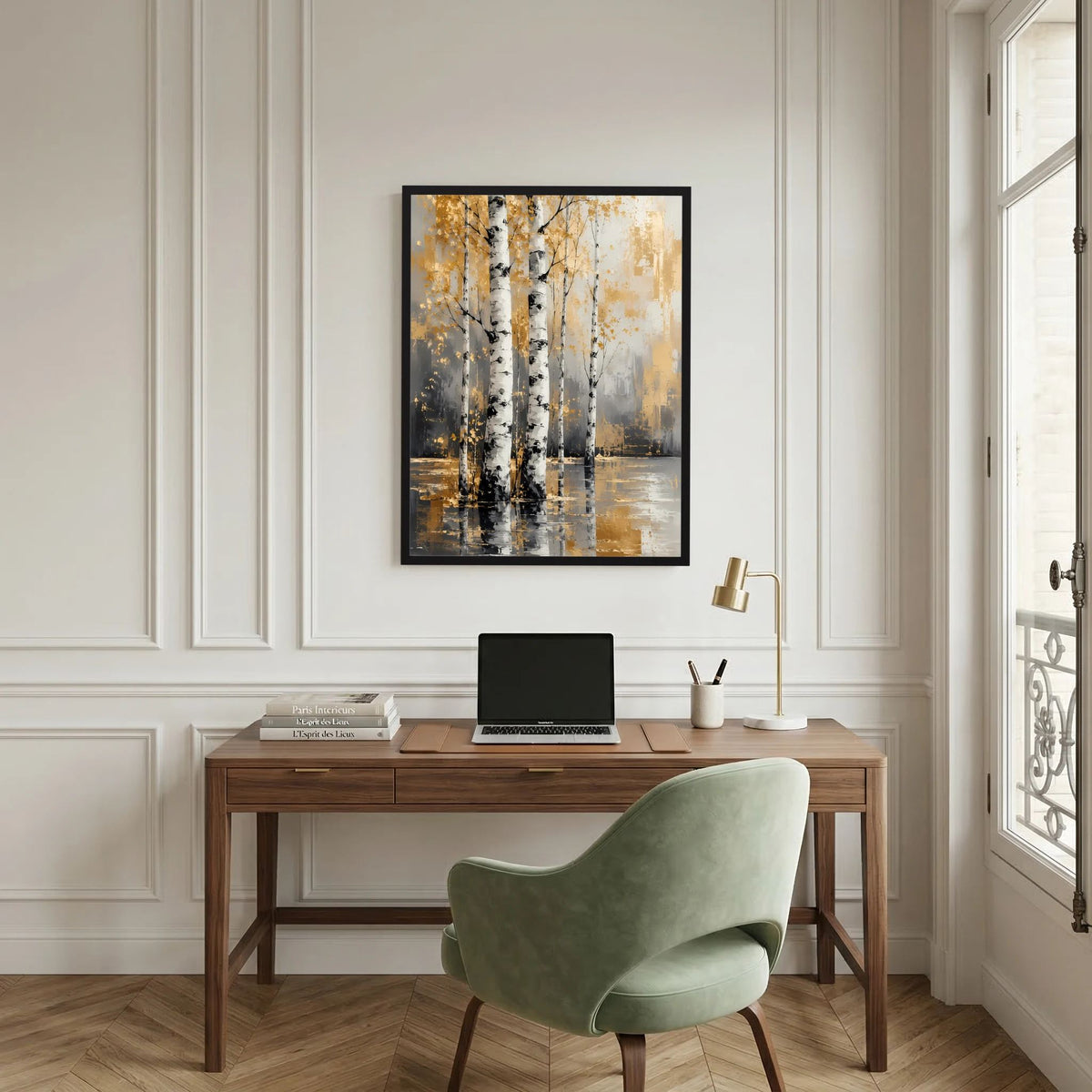 Gerahmtes Wandbild mit Birken in Weiß und Gold, Wasserreflexe im Hintergrund