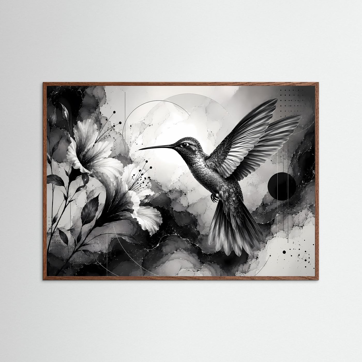 Kolibri Wandbild Schwarz Weiß | Hibiskus Blüten Poster | Moderne Botanische Wandkunst | Minimalistische Vogel Kunst | Leinwand Fine Art