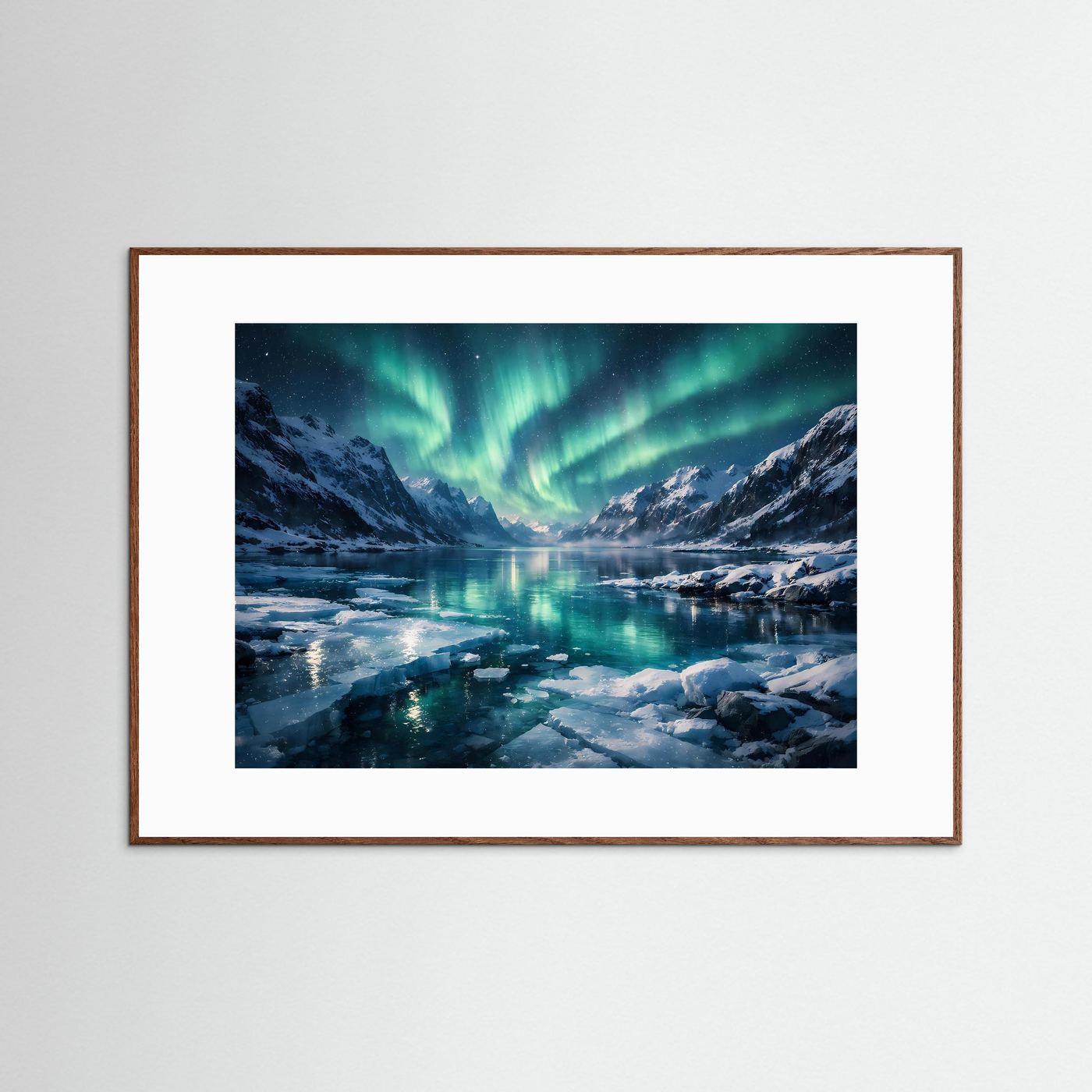 Magische Polarlichter über verschneitem Fjord | Nordlichter Panorama Wandbild & Kunst Poster Querformat