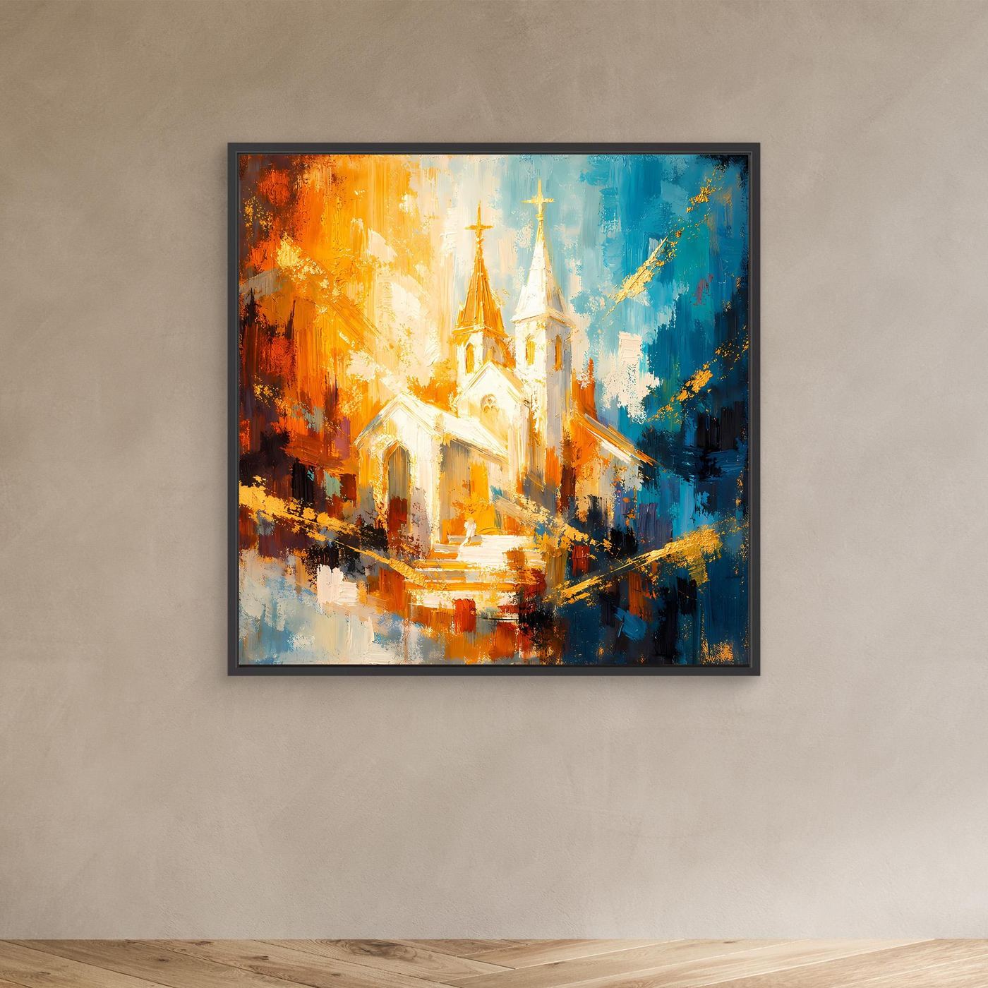 Leinwandbild mit abstraktem Kirchenmotiv in warmem Orange und Blau, schwarzer Rahmen