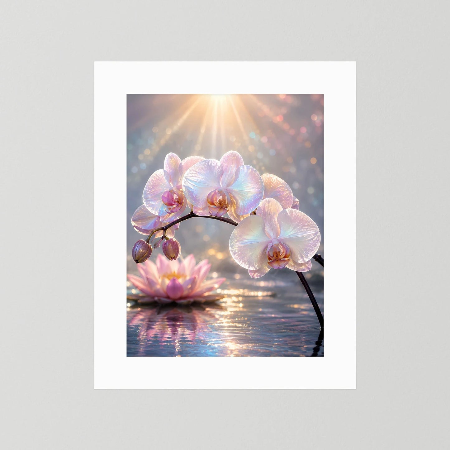 Blumenposter mit Orchideenblüten und Lotusblüte, weißer Rand ohne sichtbaren Rahmen