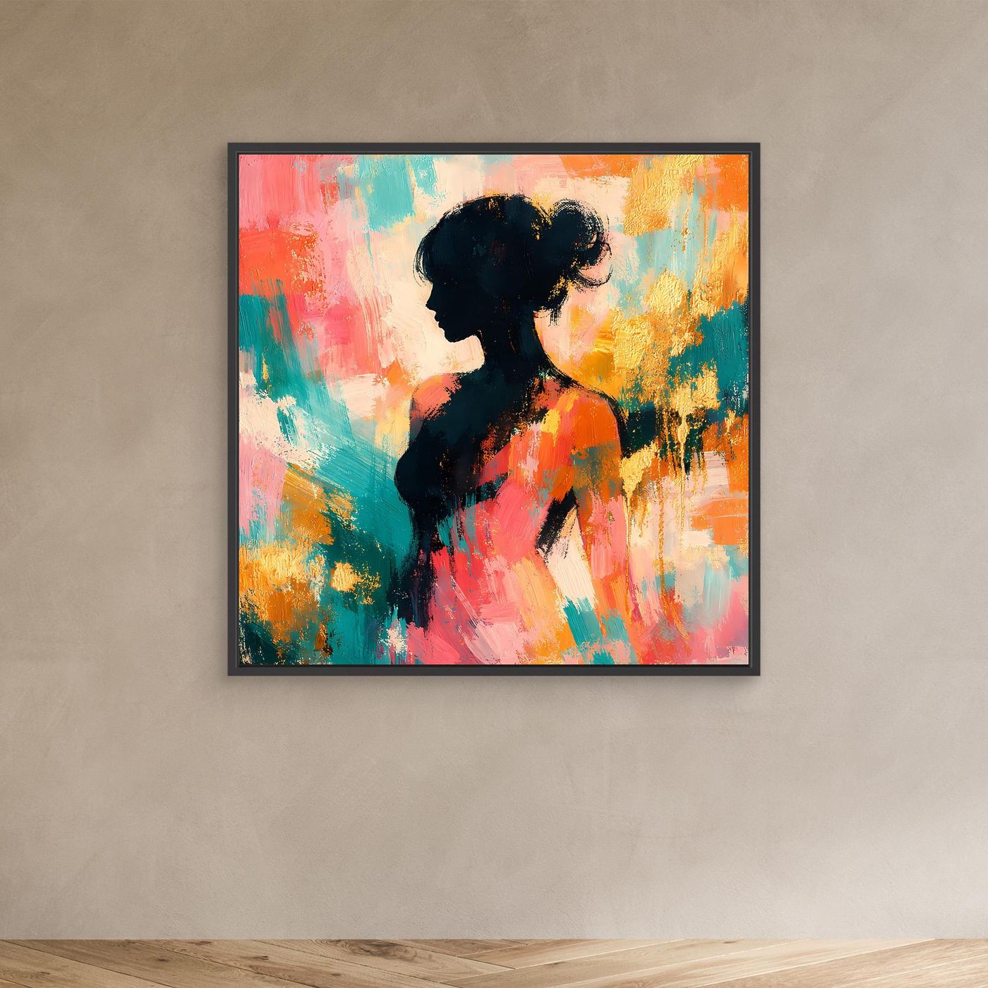 Leinwandbild mit abstrakter Frauensilhouette in Pastellfarben, schwarzer Rahmen