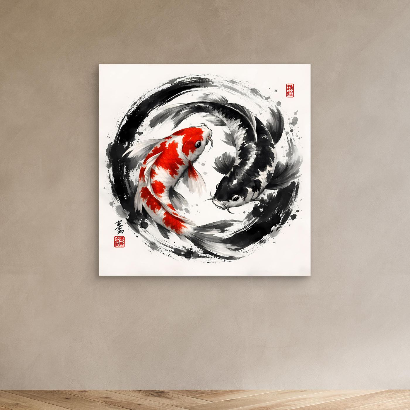 Leinwandbild mit Koi Yin-Yang: roter und schwarzer Koi im schwarzen Pinselwirbel