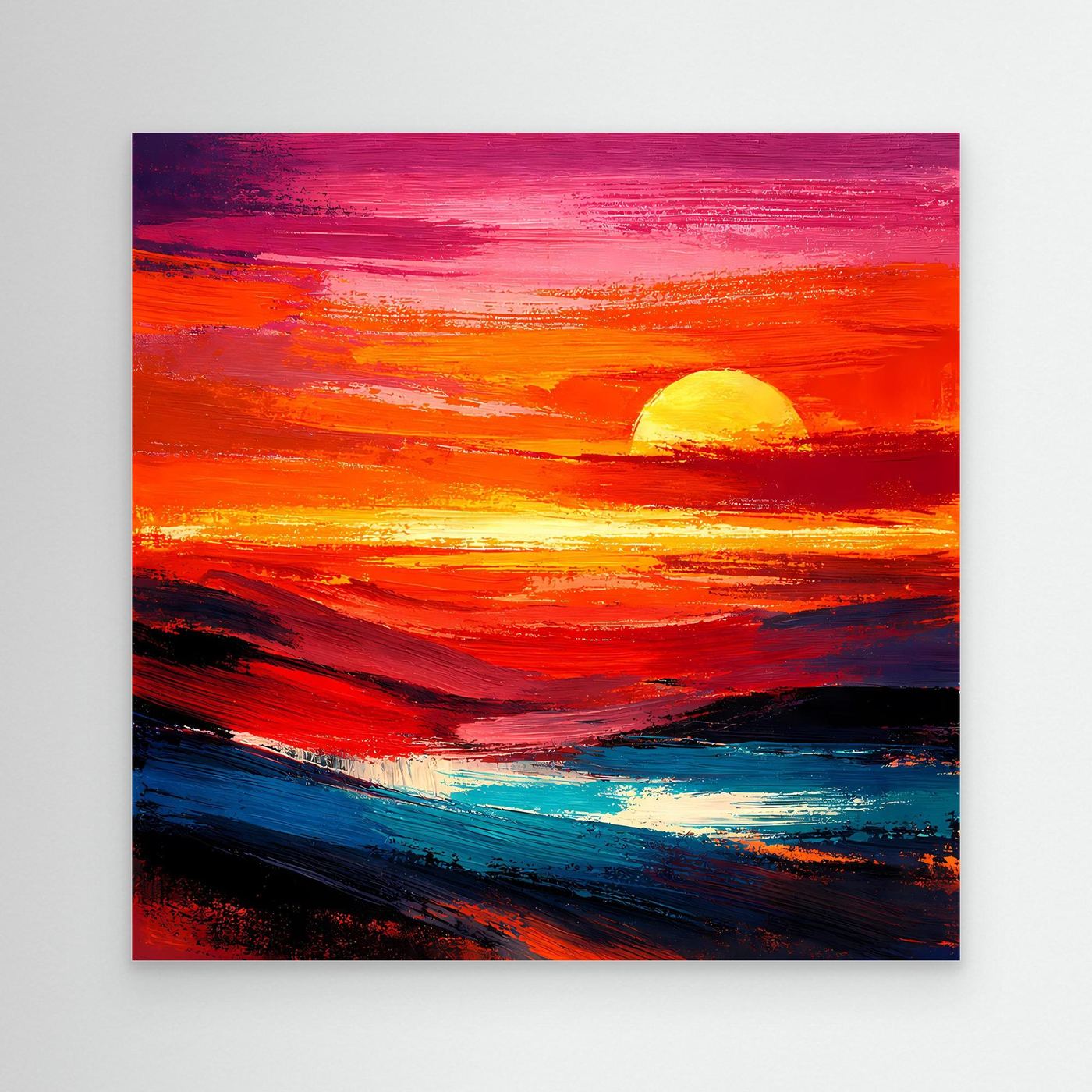 Leinwandbild abstraktes Meer mit Sonnenuntergang, rote und orangefarbene Farbfelder, weißer Rand