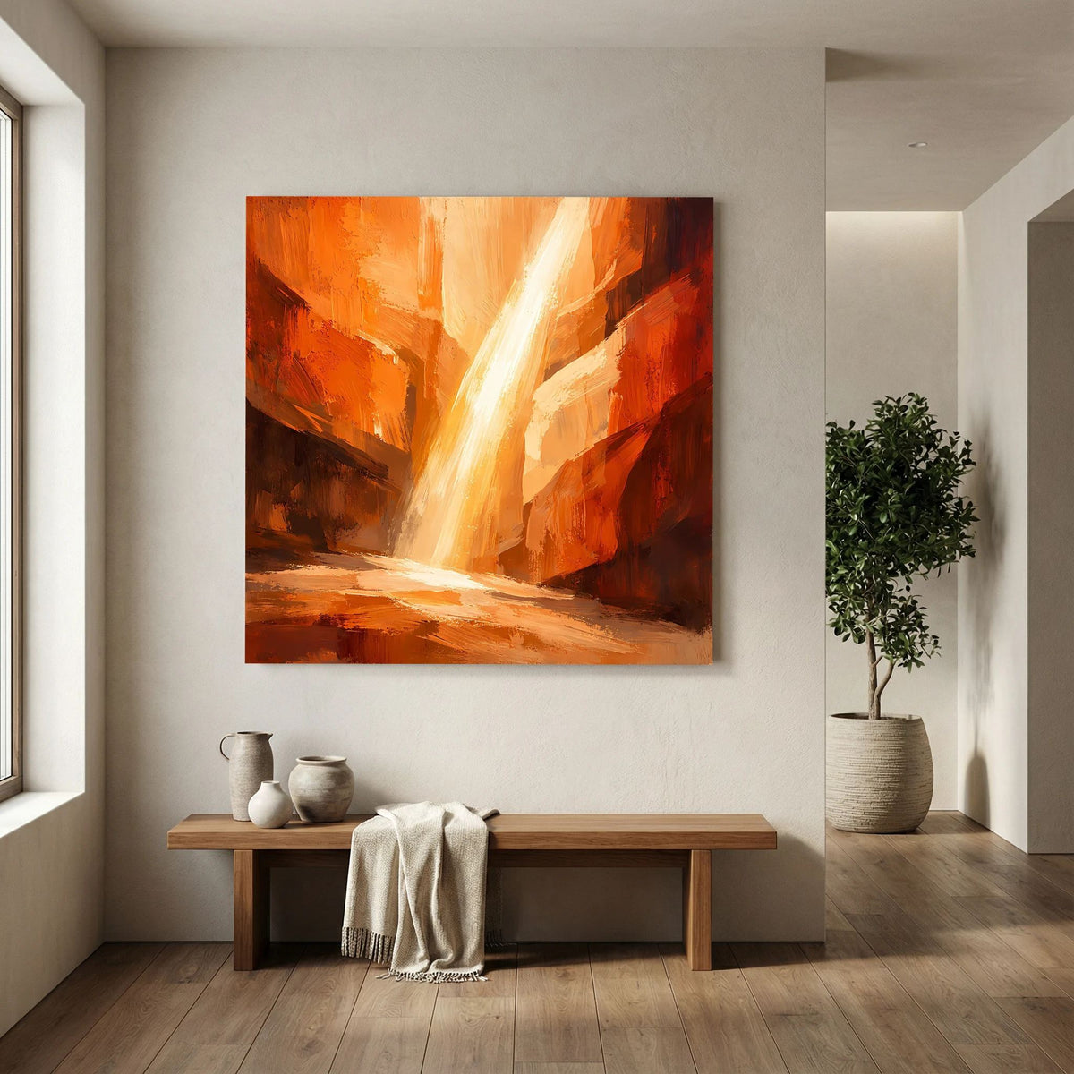 Gerahmtes Wandbild: orangefarbene Felswände, zentraler heller Lichtstrahl
