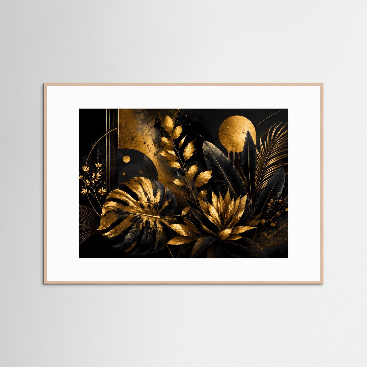 Luxuriöse Tropische Blätter in Schwarz & Gold | Abstrakte Botanische Wandkunst mit Monstera, Palmenblättern und exotischen Pflanzen | Elegantes Premium Wandbild im Querformat