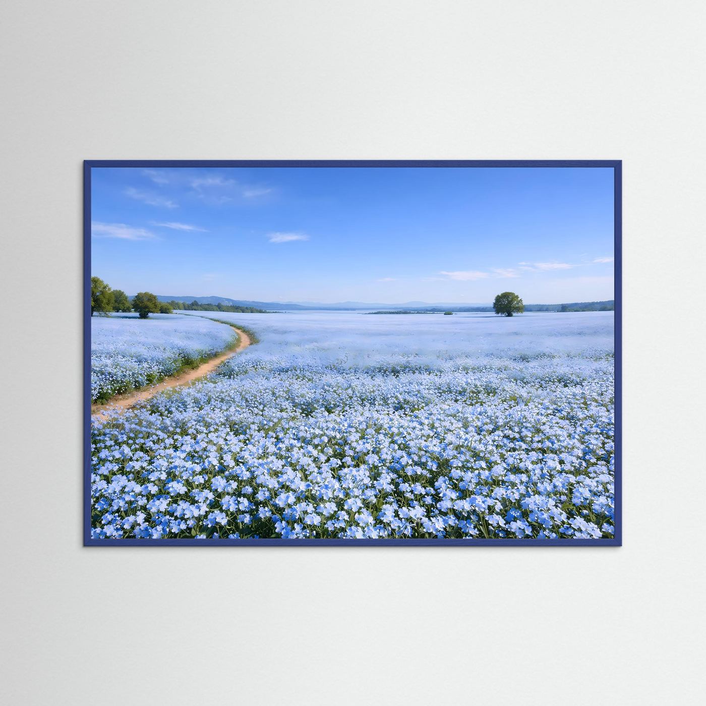 Malerisches Blaues Blumenfeld mit Feldweg | Idyllische Landschaft & Natur Poster Querformat