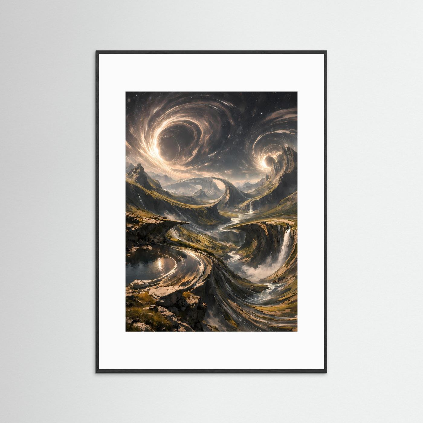 Fantasy-Kunstposter im schwarzen Rahmen mit weißem Rand: Sternenwirbel über Bergtal