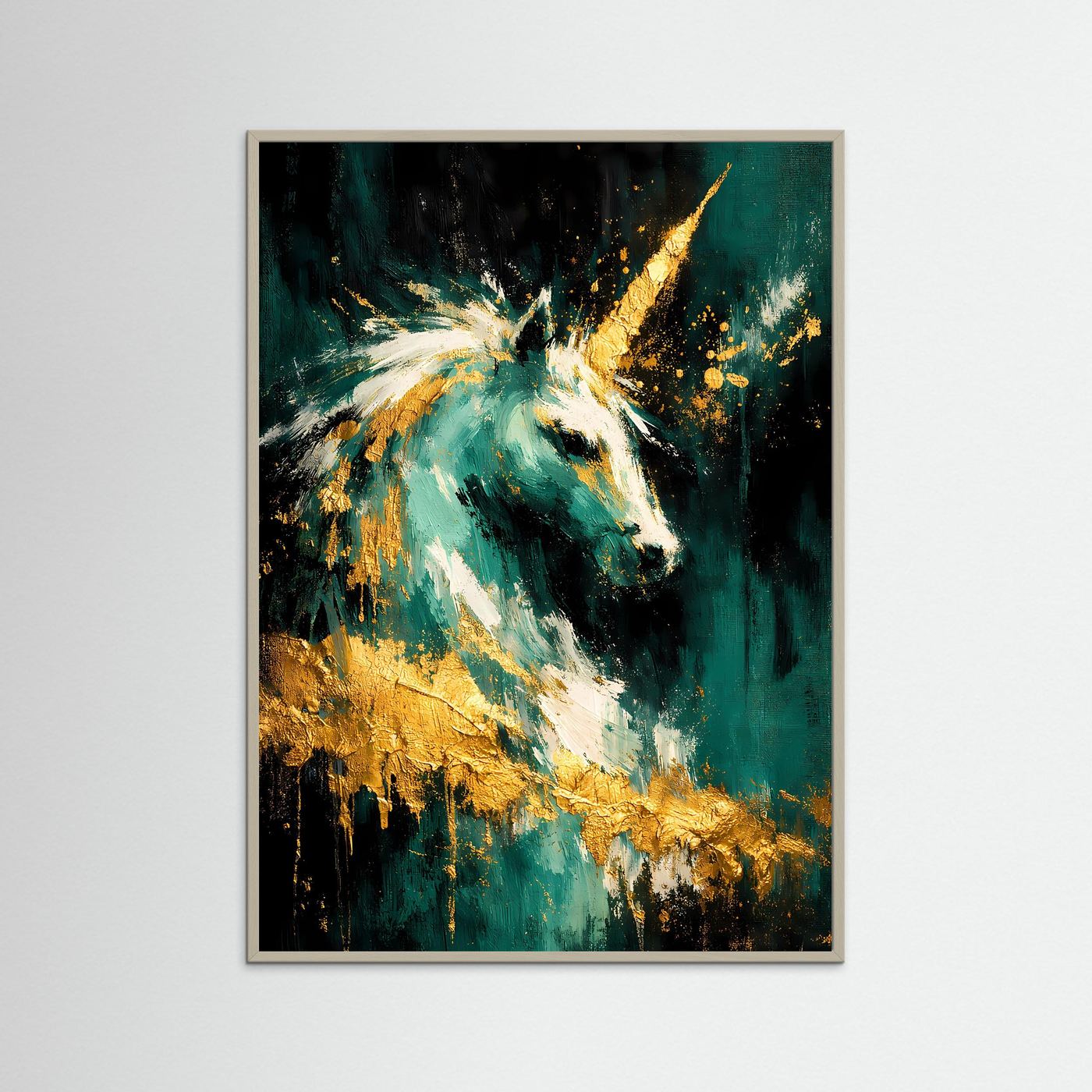 Abstraktes Einhorn-Kunstposter im hellbraunen Holzrahmen, Smaragdgrün und Gold