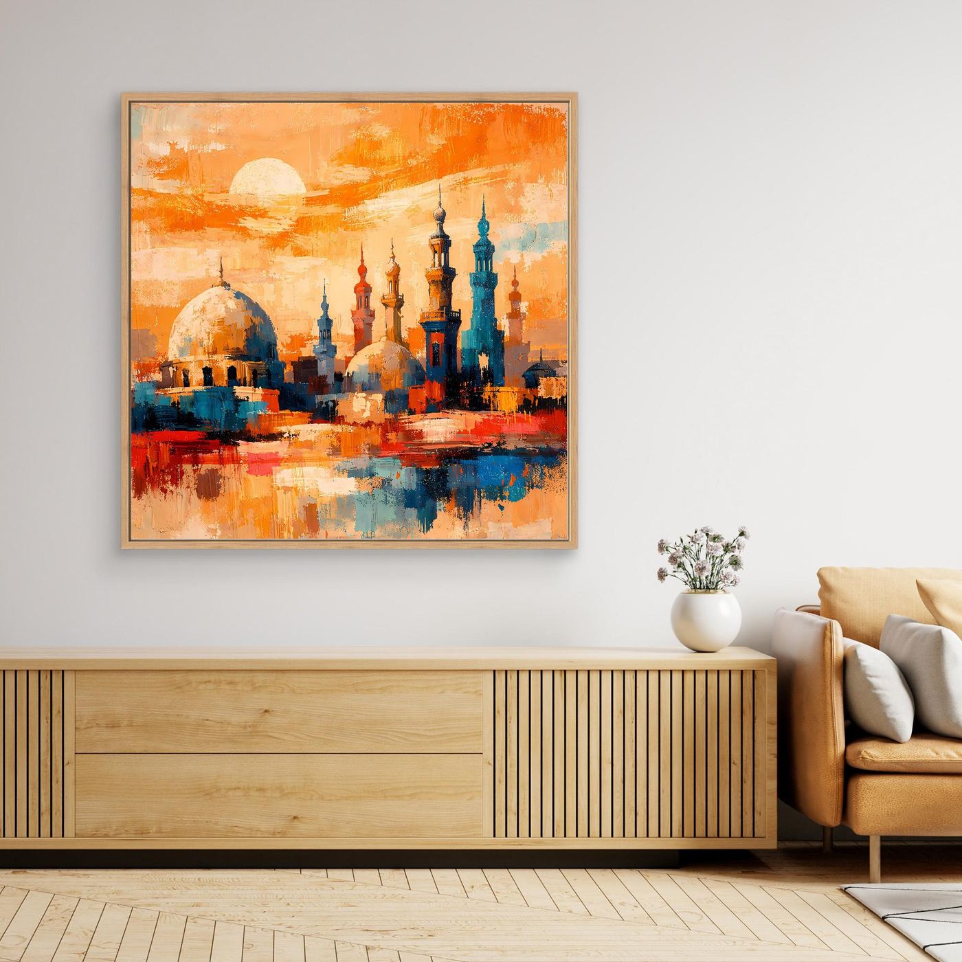 Abstraktes Leinwand-Wandbild mit orientalischer Skyline und Minaretten im goldenen Rahmen