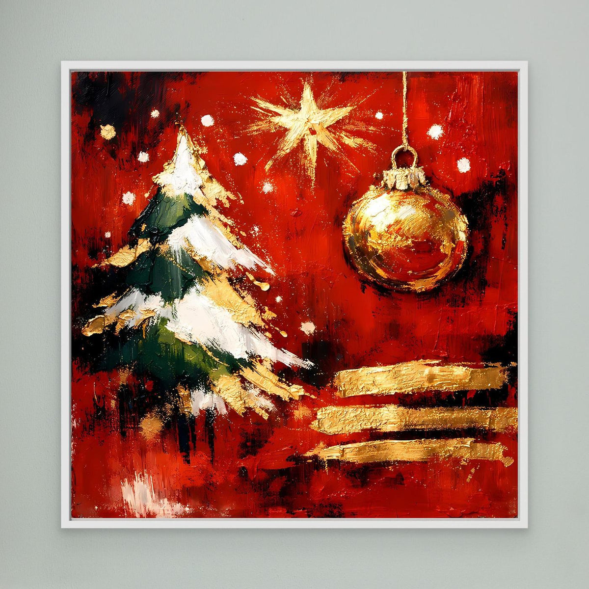 Gerahmtes Leinwand-Wandbild: abstrakter Weihnachtsbaum in Rot und Gold, weißer Rahmen.