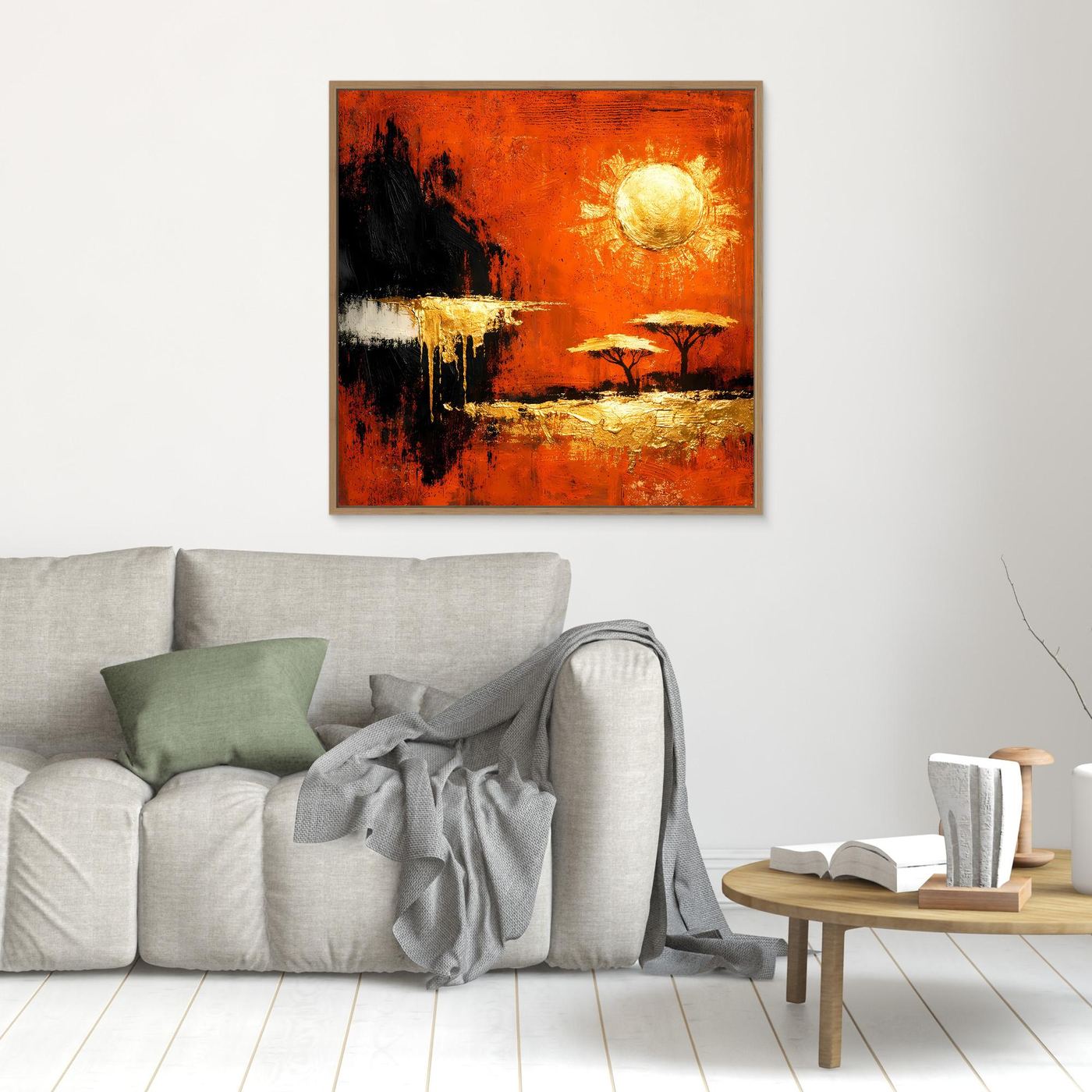 Leinwand Abstrakte Savanne bei Sonnenuntergang | Modernes Afrika Wandbild in Rot und Gold