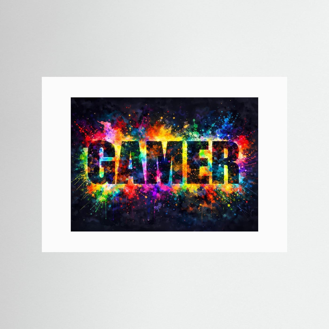 Gaming-Poster „GAMER“ mit hellem Passepartout, Pop-Art Splash-Style, querformat