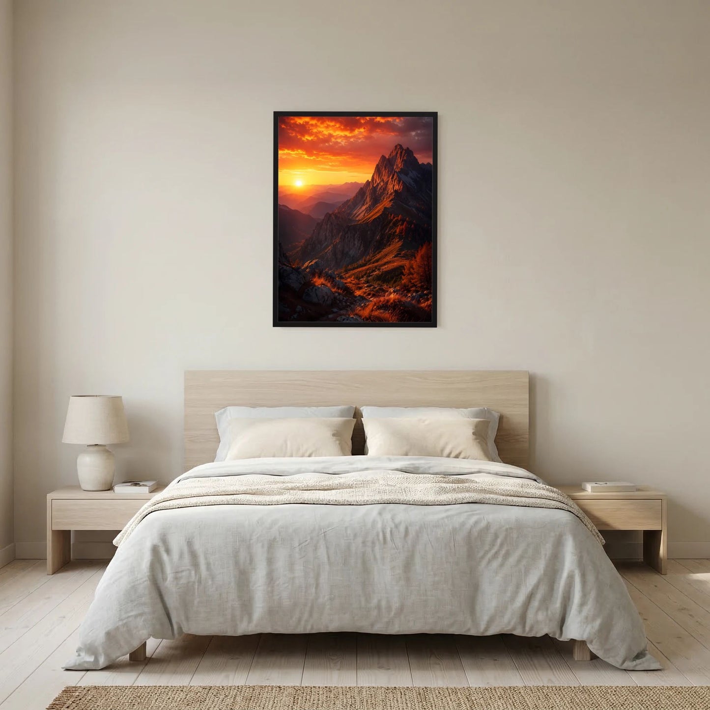 Schwarz gerahmtes Poster im Hochformat mit Berglandschaft und orangefarbenem Sonnenuntergang