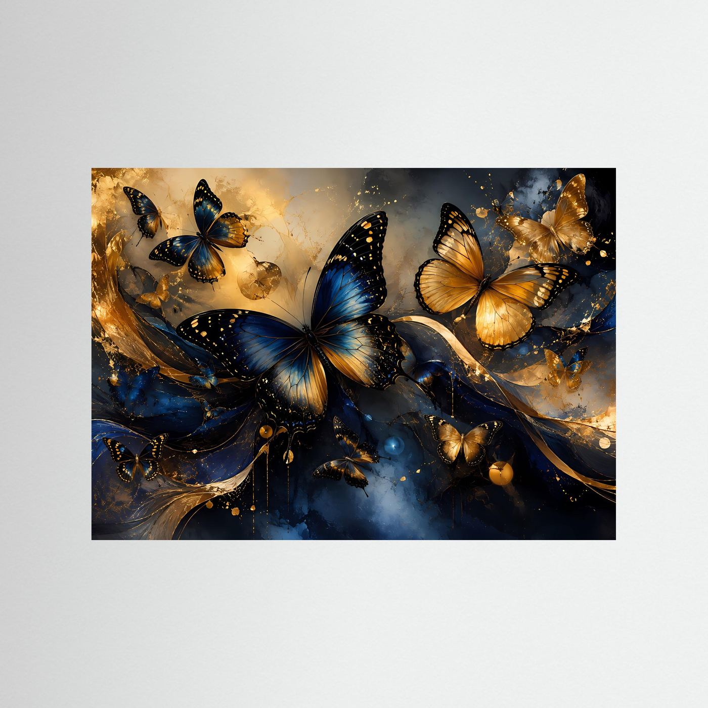 Goldene & Blaue Schmetterlinge | Luxuriöse abstrakte Schmetterlingskunst in Gold und Dunkelblau