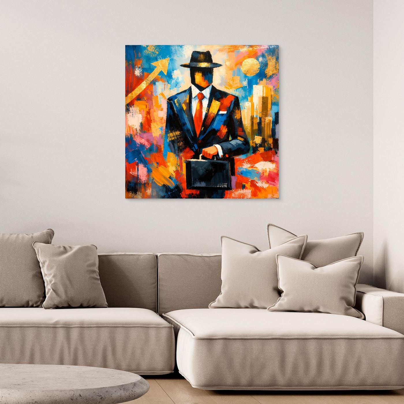Leinwandbild in Pop-Art: Porträt eines Geschäftsmanns mit Hut und Aktentasche
