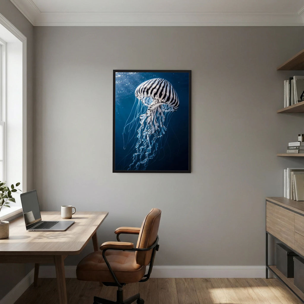 Hochformatiges Poster mit Qualle in Blau an der Wand, schwarzer Rahmen