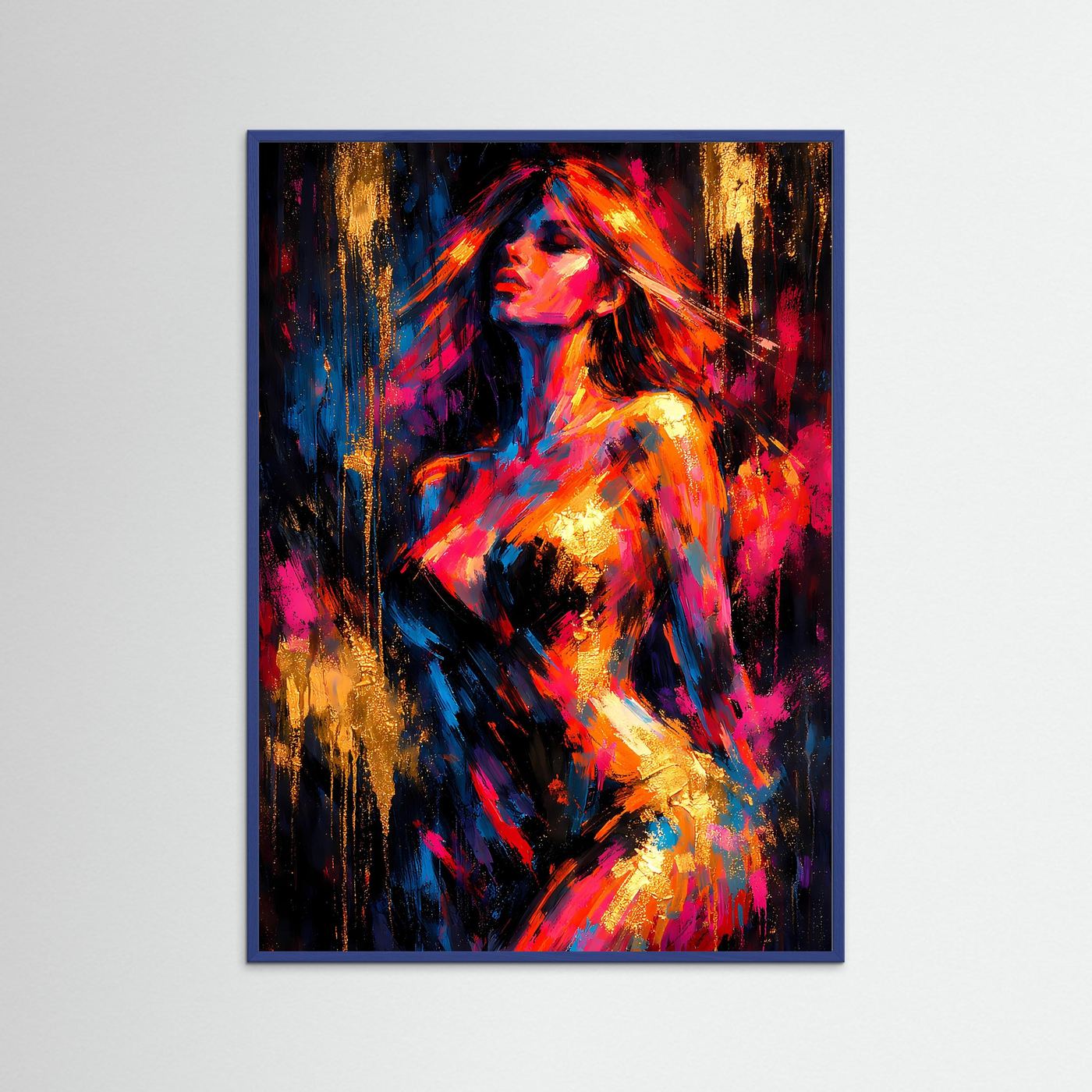 Kunstposter mit abstraktem Frauenporträt in Gold, Pink und Blau, blauer Rahmen