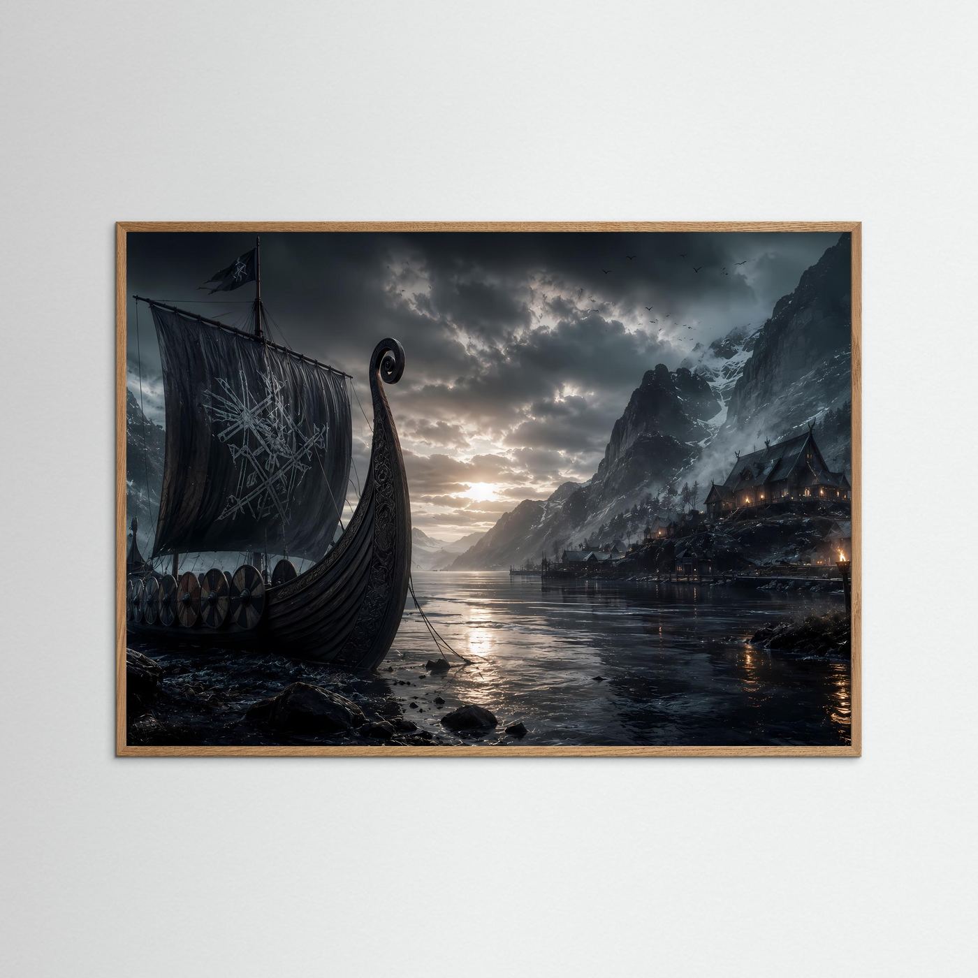 Wikinger im Fjord | Mystisches Langschiff zwischen Bergen – Nordische Wandkunst