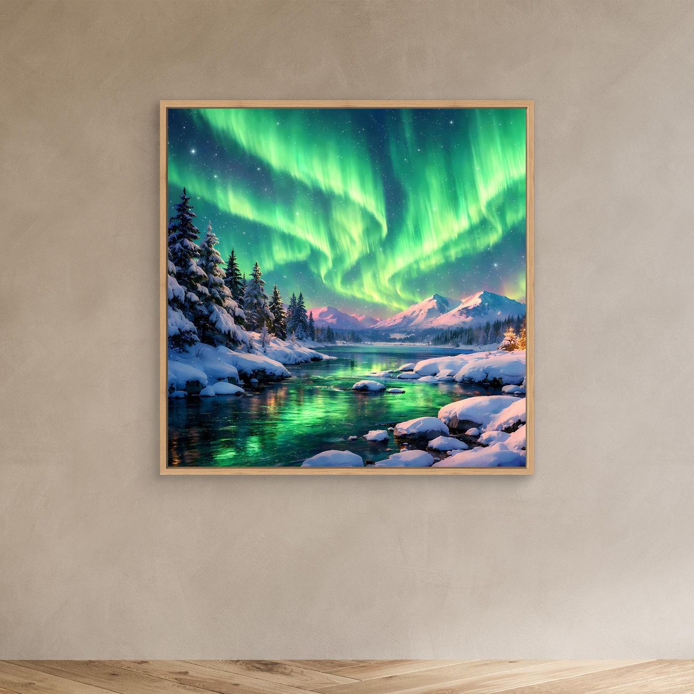 Leinwandbild Magische Polarlichter | Winterliche Polarlicht-Nacht Wandbild auf echtem Holzkeilrahmen