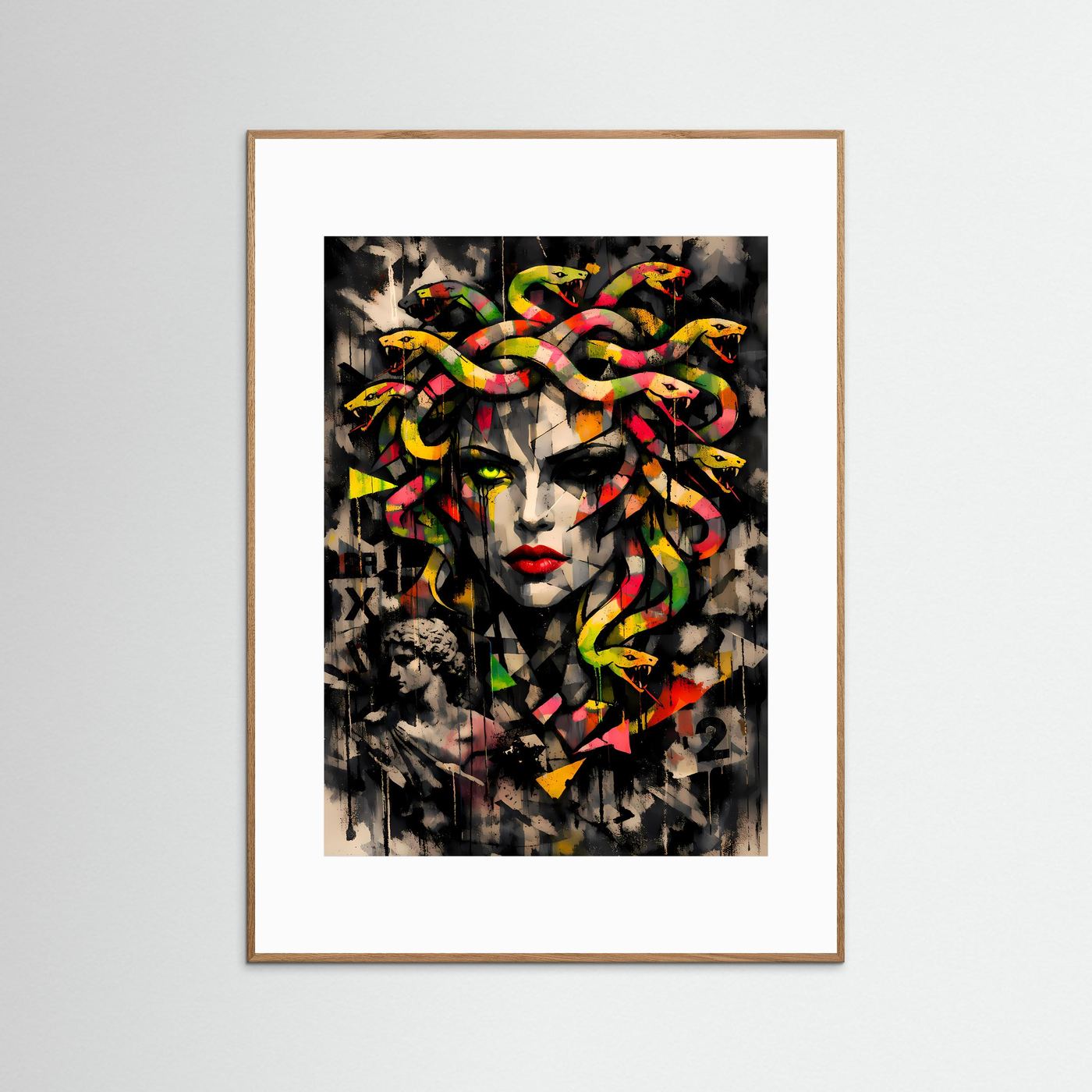 Mythos der Moderne | Urban Art Medusa Poster in Neon-Bunt & Schwarz | Abstraktes Street Art Kunstposter Hochformat