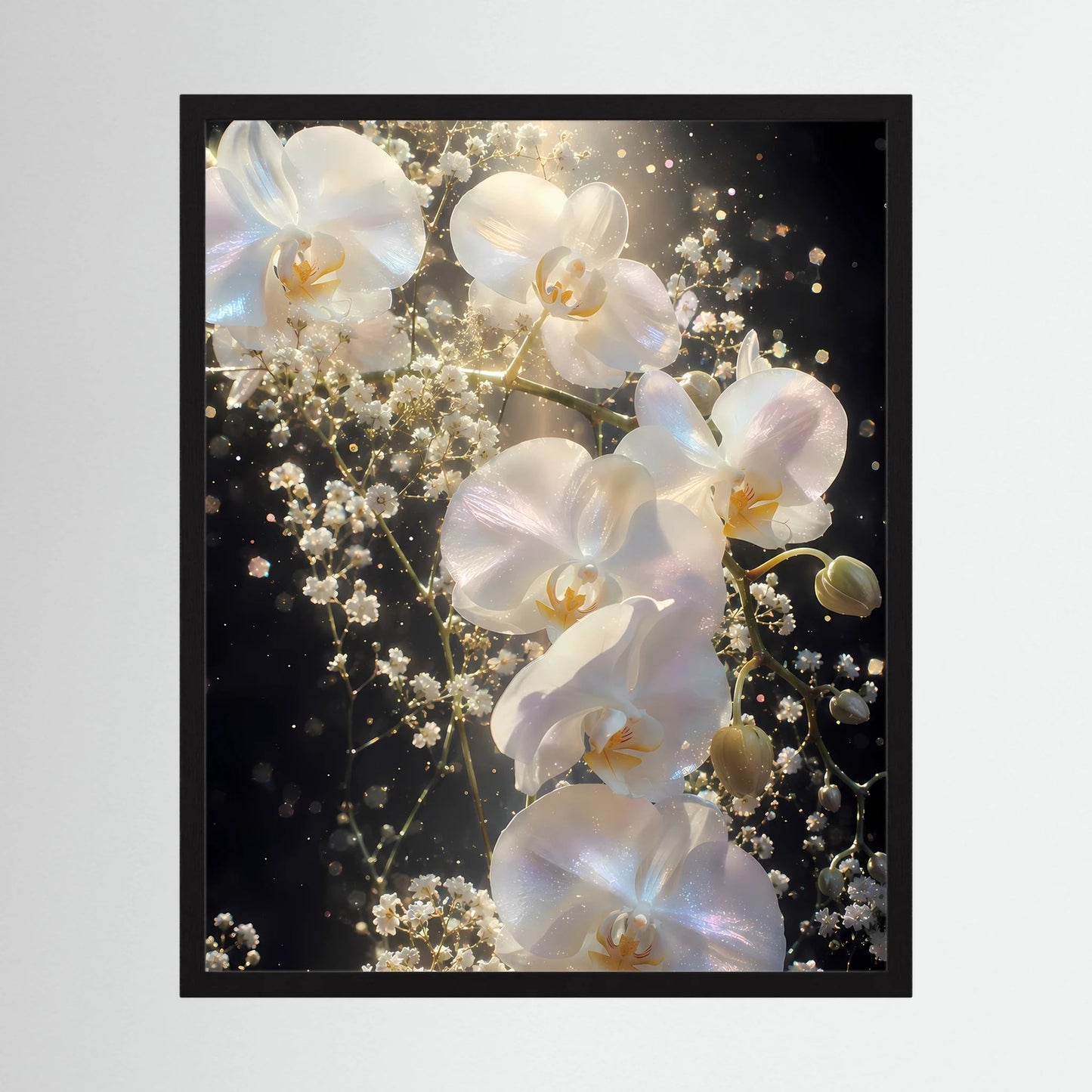 Blumenposter mit weißen Orchideen und goldenen Lichtern, komplett im Blick, schwarz gerahmt