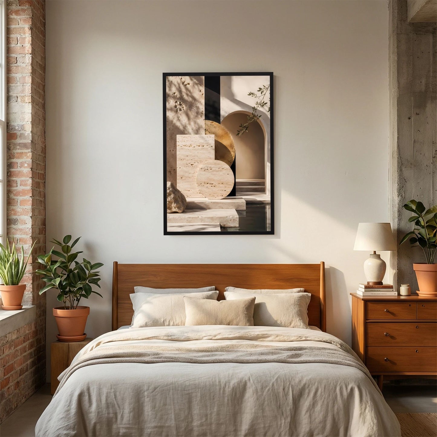 Kunstposter im Hochformat mit beige-goldener Architektur, schwarzer Rahmen