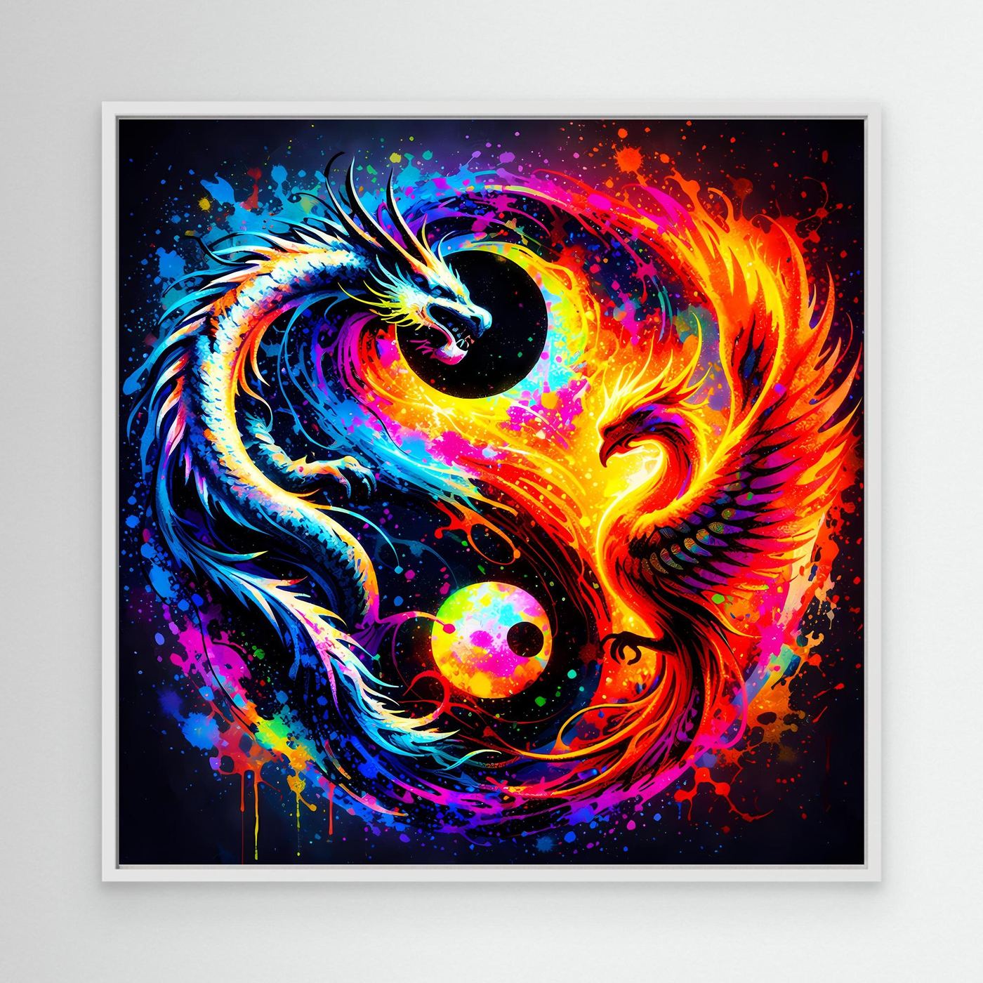 Leinwandbild mit Drache-und-Phönix-Yin-Yang-Motiv, bunt, mit weißem Rahmen