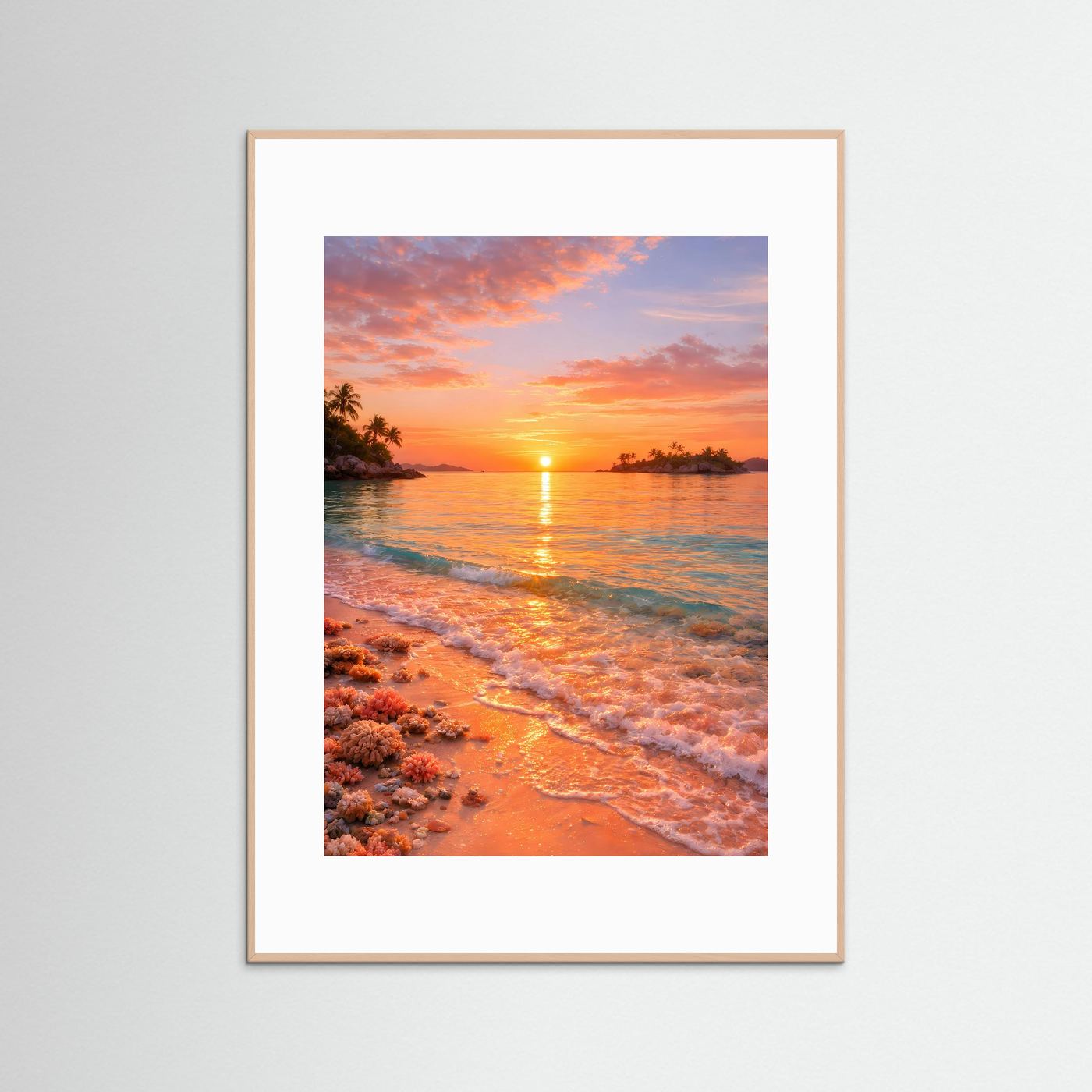 Strand-Poster im Hochformat mit Sonnenuntergang am Meer, hellbeiger Rahmen