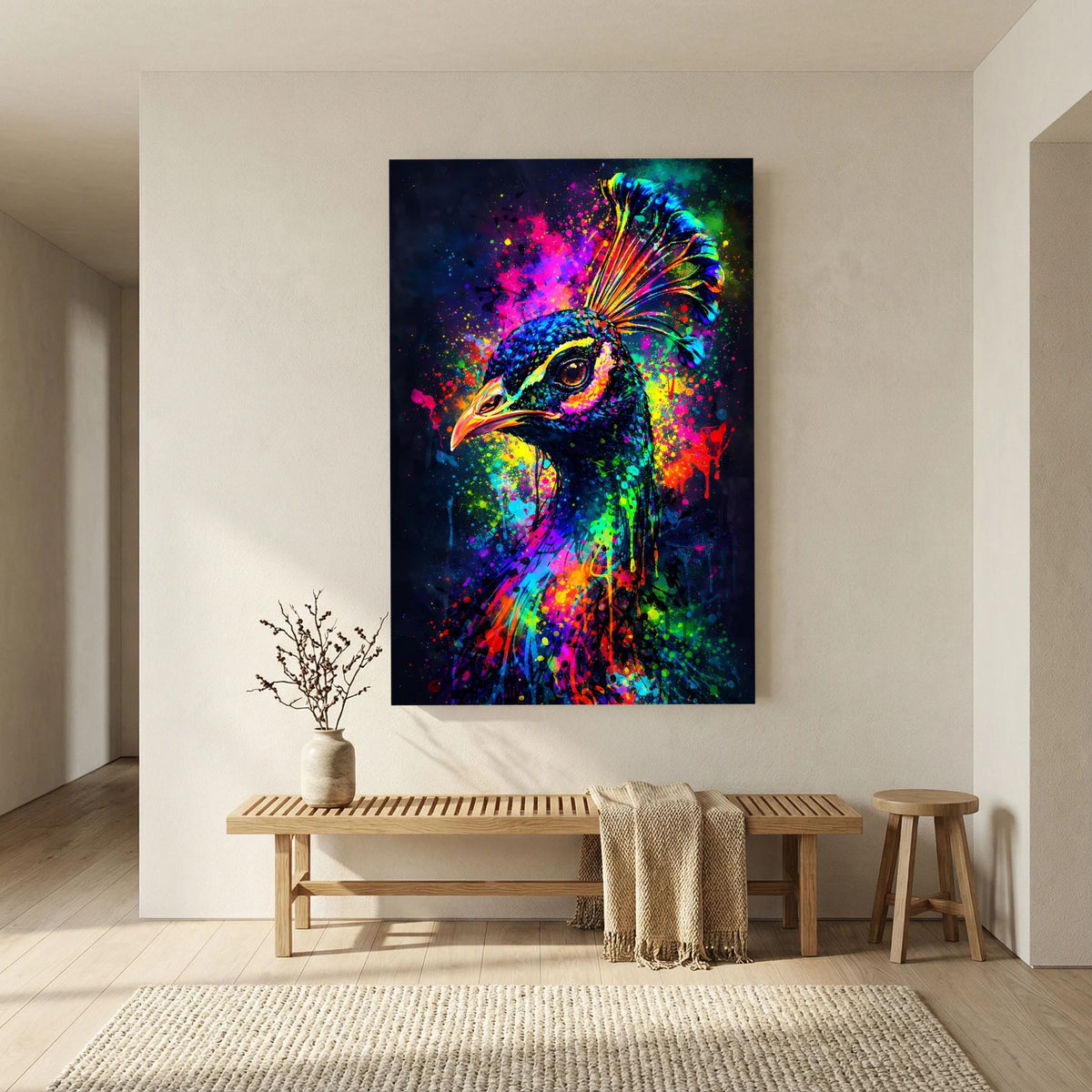Vertikales Poster mit Pfauenporträt in Neonfarben, Blick nach links im Farb-Spritzstil