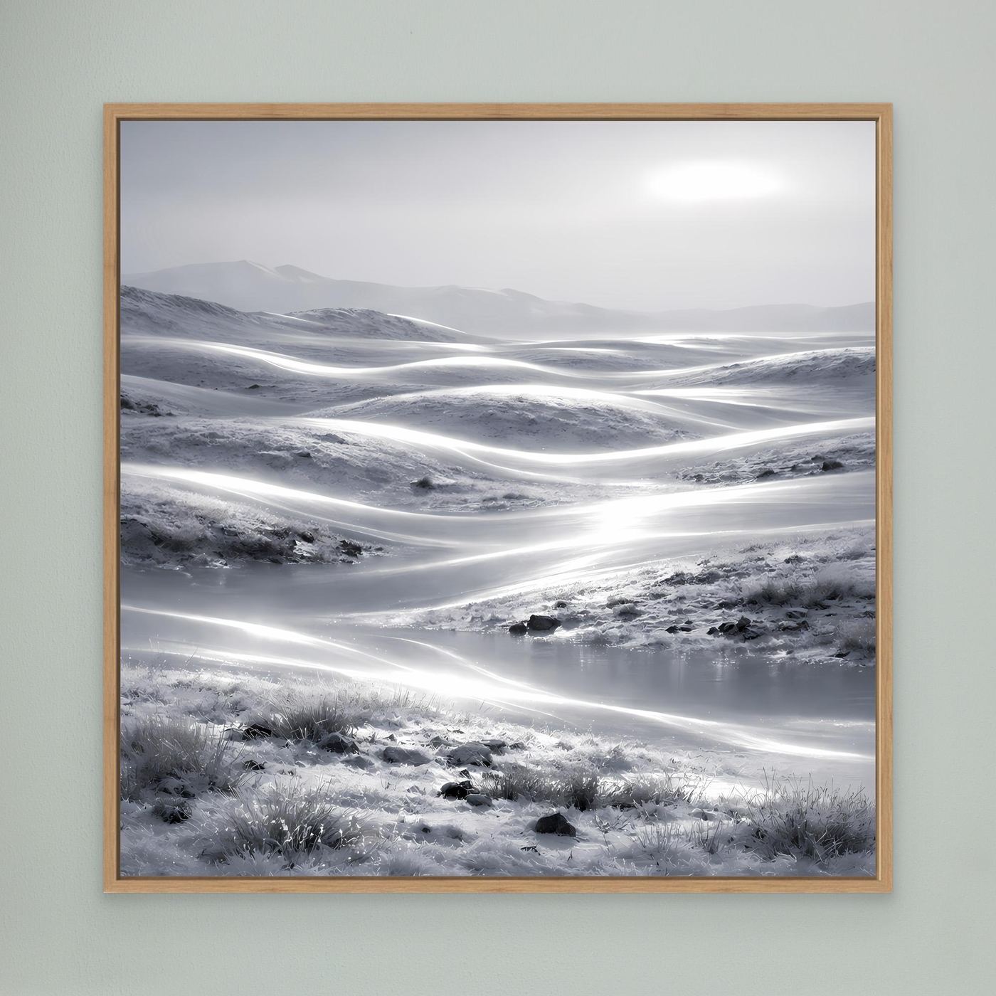 Leinwandbild Winterlandschaft mit Eichenrahmen, klare Schneeberge und verschlungene Täler