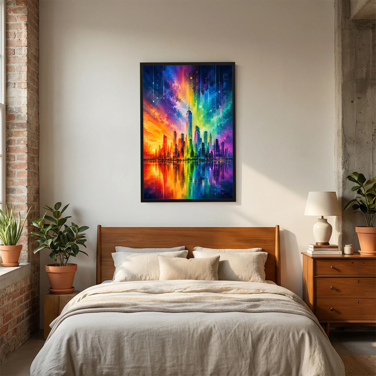 Poster mit abstrakter Regenbogen-Skyline über spiegelndem Wasser, schwarzer Rahmen