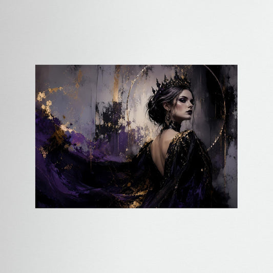 Fantasy-Königin-Poster: dunkle Königin mit Krone, violette Goldakzente, schwarzer Rahmen