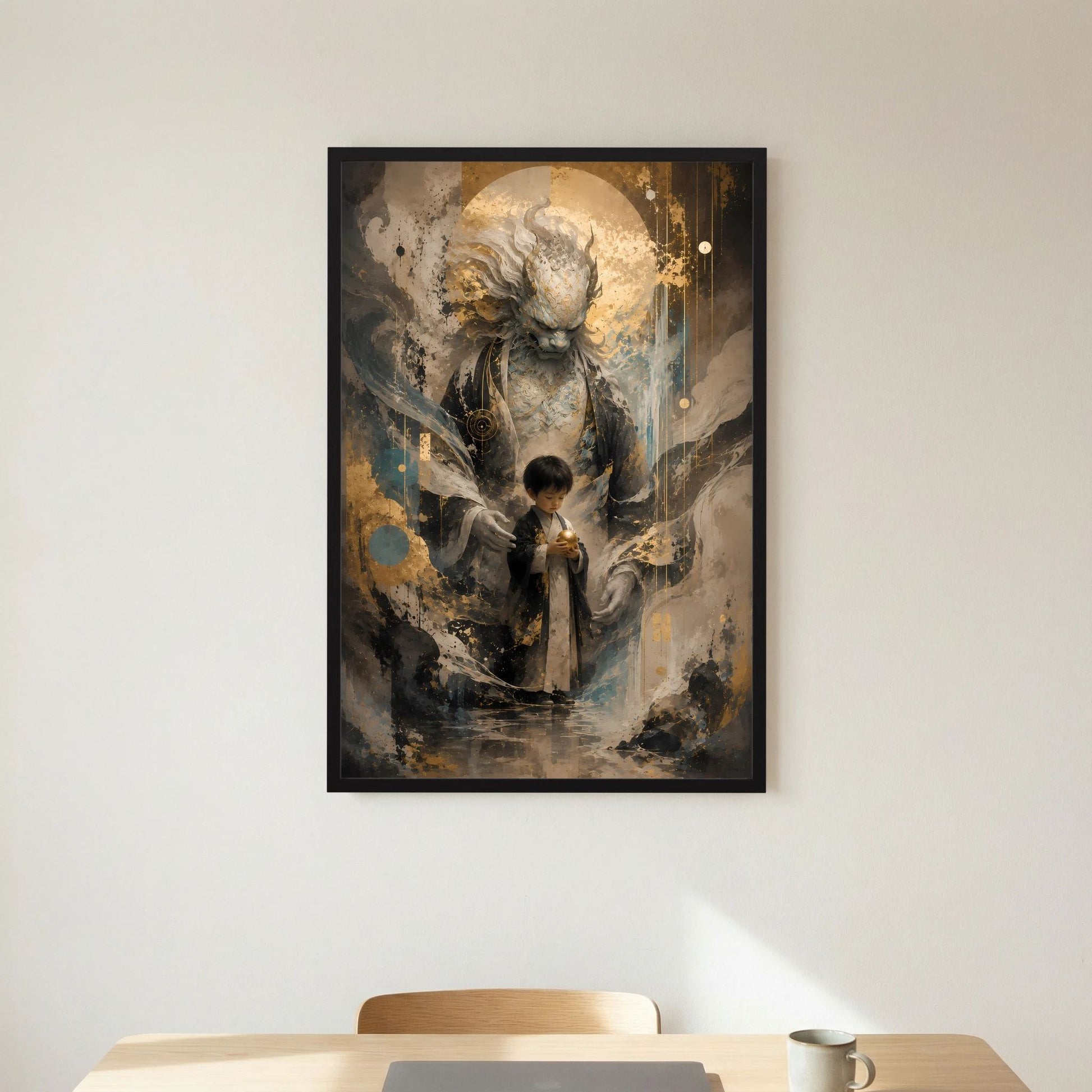 Hochformat-Poster mit mystischem Wächter und Kind, Goldlicht und schwarze Details, schwarz gerahmt