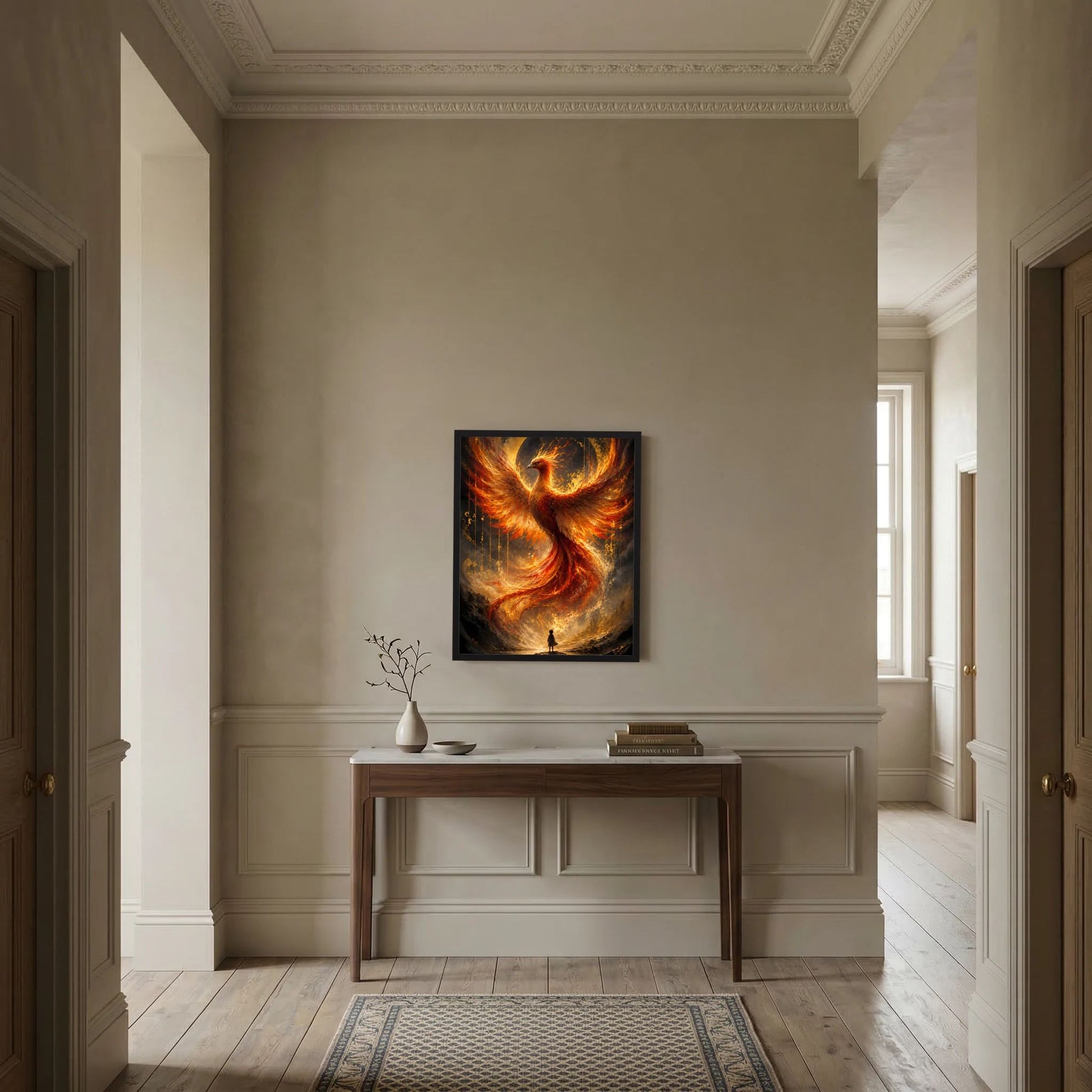 Gerahmtes Hochformat-Poster mit Phönix aus Feuer in Gold und Orange, Feuerflügel