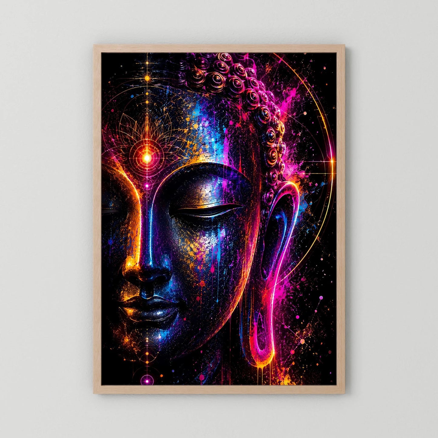 Hochformatiges Poster mit abstraktem Buddha-Gesicht in Neonfarben, Holzrahmen naturfarben