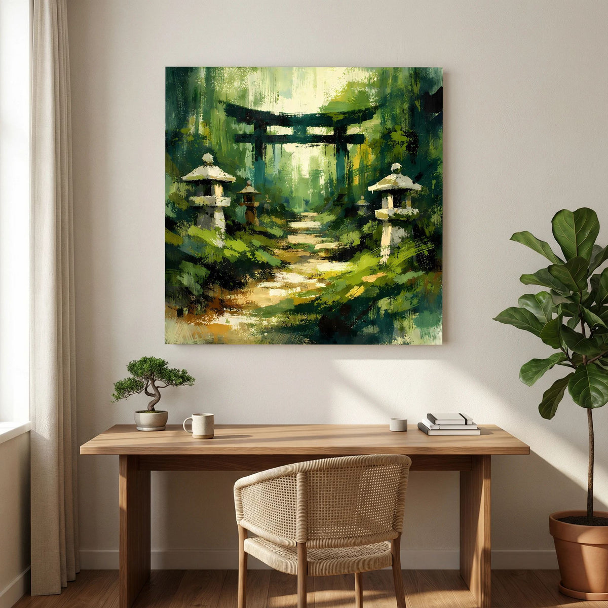 Leinwandbild mit Torii-Tor am Waldweg und Steinlaternen im Farbmix aus Grün und Gelb
